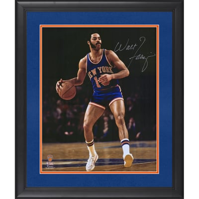 Walt Frazier New York Knicks Autographed Fanatics Authentic Framed 16" x 20" Dribbling In Blue Photograph - Suede Upgrade