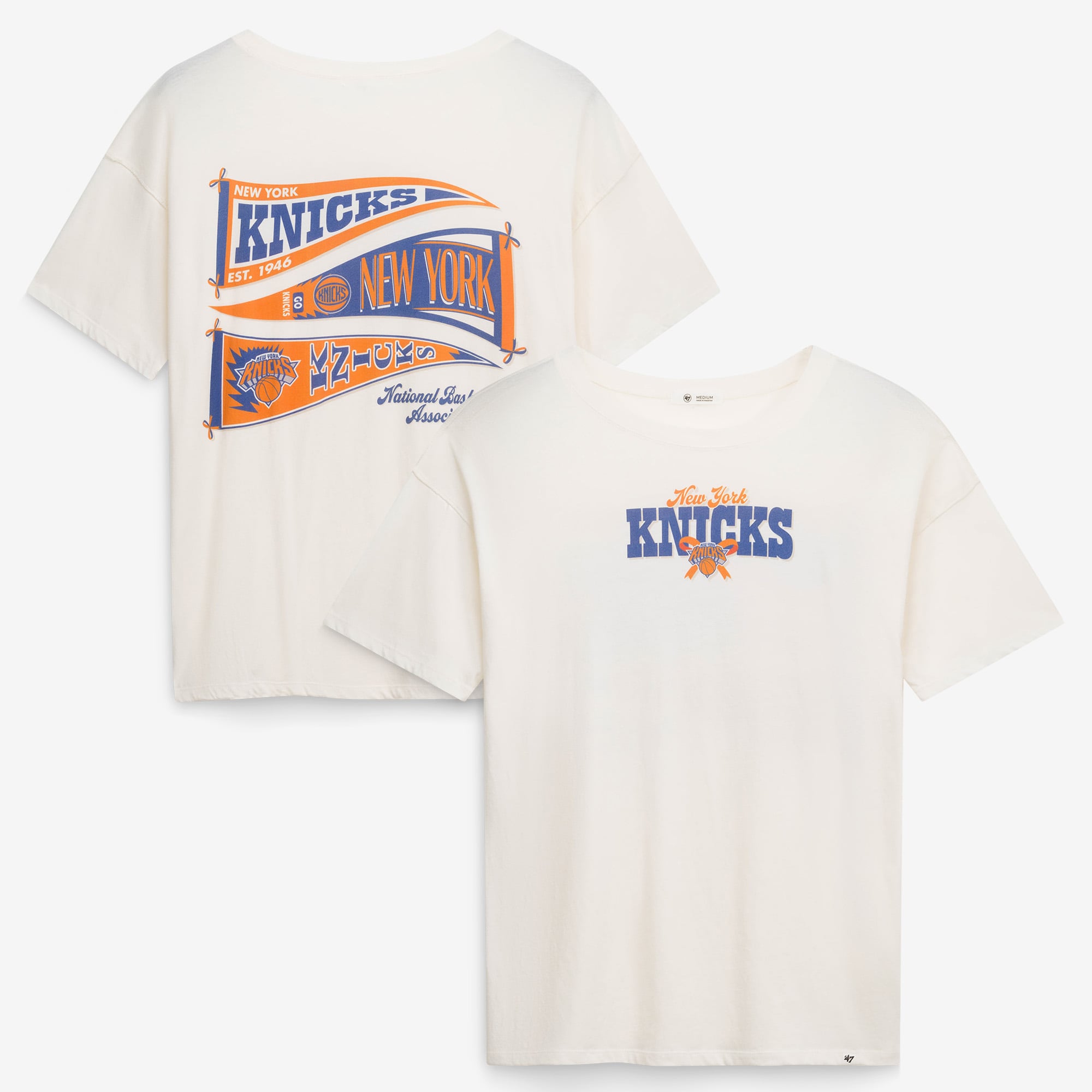T-shirt Sadie crème pour femme, modèle 47 New York Knicks, avec nœud et bannière