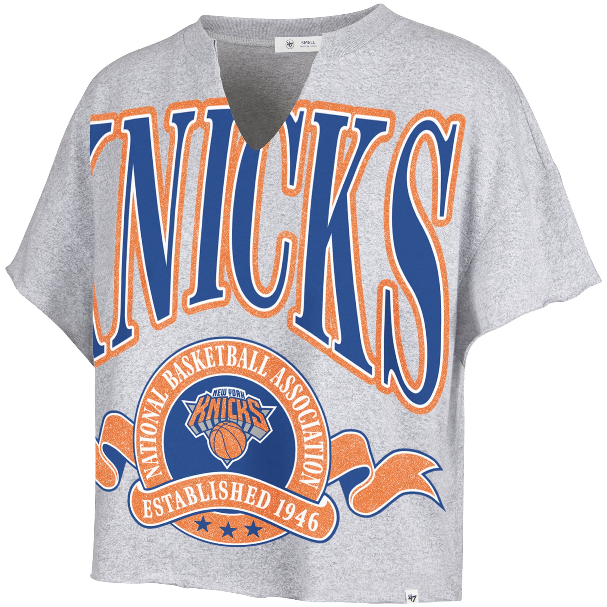T-shirt oversize à col cranté pour femme, orné des bannières New York Knicks, modèle 47 gris