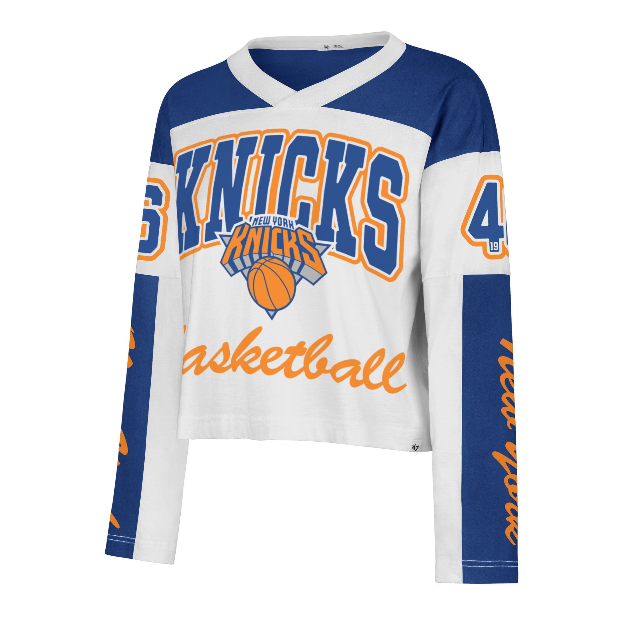Women's '47  White New York Knicks Cropped Exclamation Metro Jersey Long Sleeve T-Shirt
