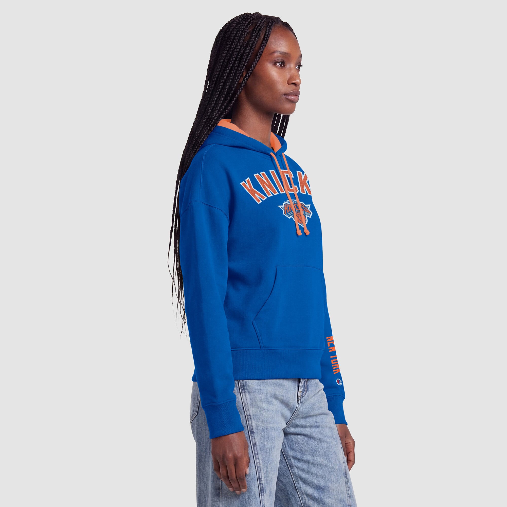 Sweat à capuche Champion bleu pour femme, doublure contrastée New York Knicks