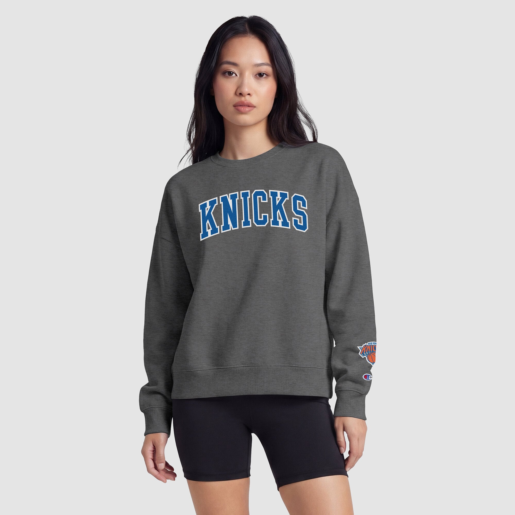 Women's Champion  Heather Gray New York Knicks Contrast Crewneck Sweatshirt