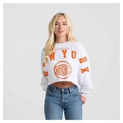 New York Knicks Fanatics Women's Spirit Jersey Cropped Crew Neck Sweatshirt - White