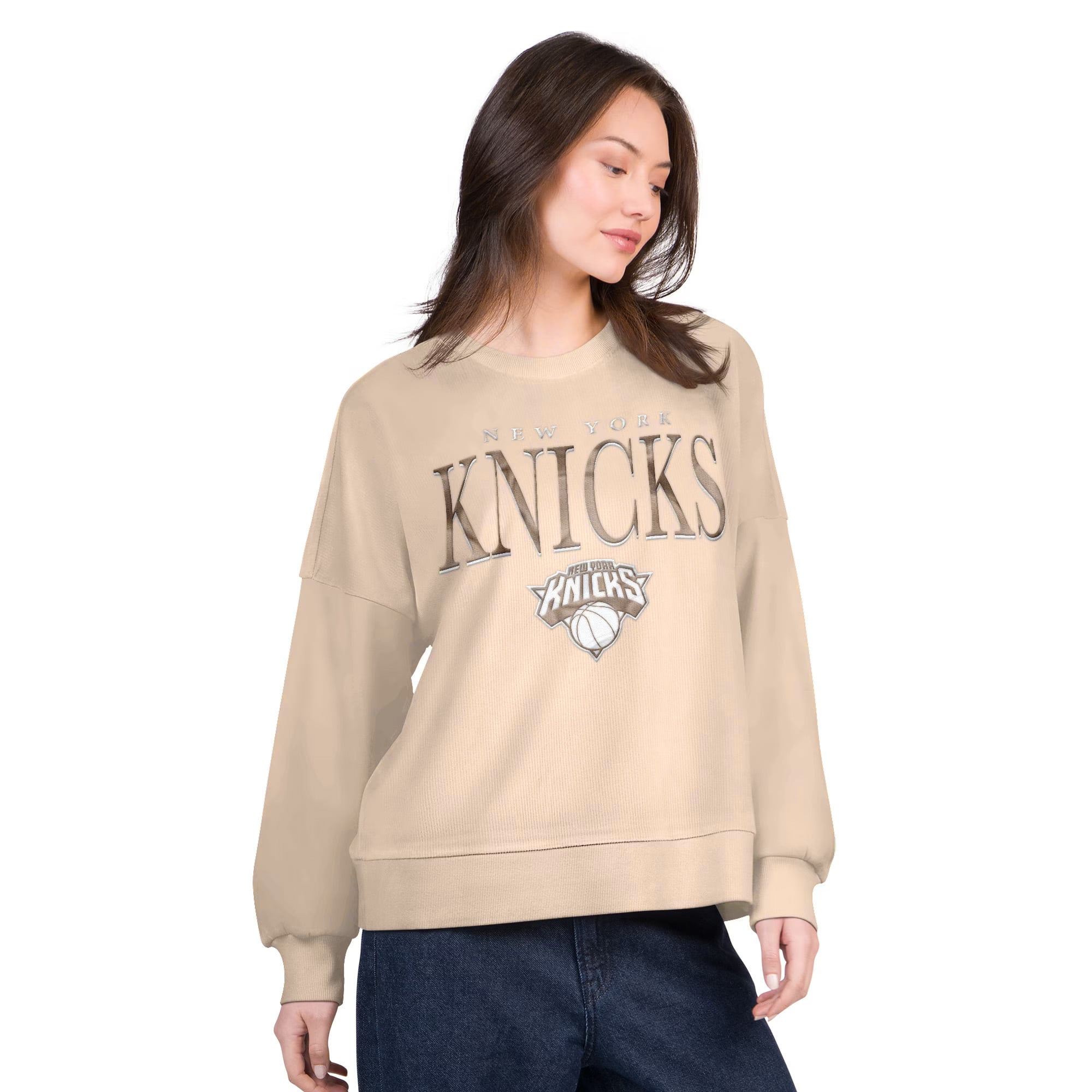 Women's G-III 4Her by Carl Banks Natural New York Knicks Oversized Vet II Sweatshirt