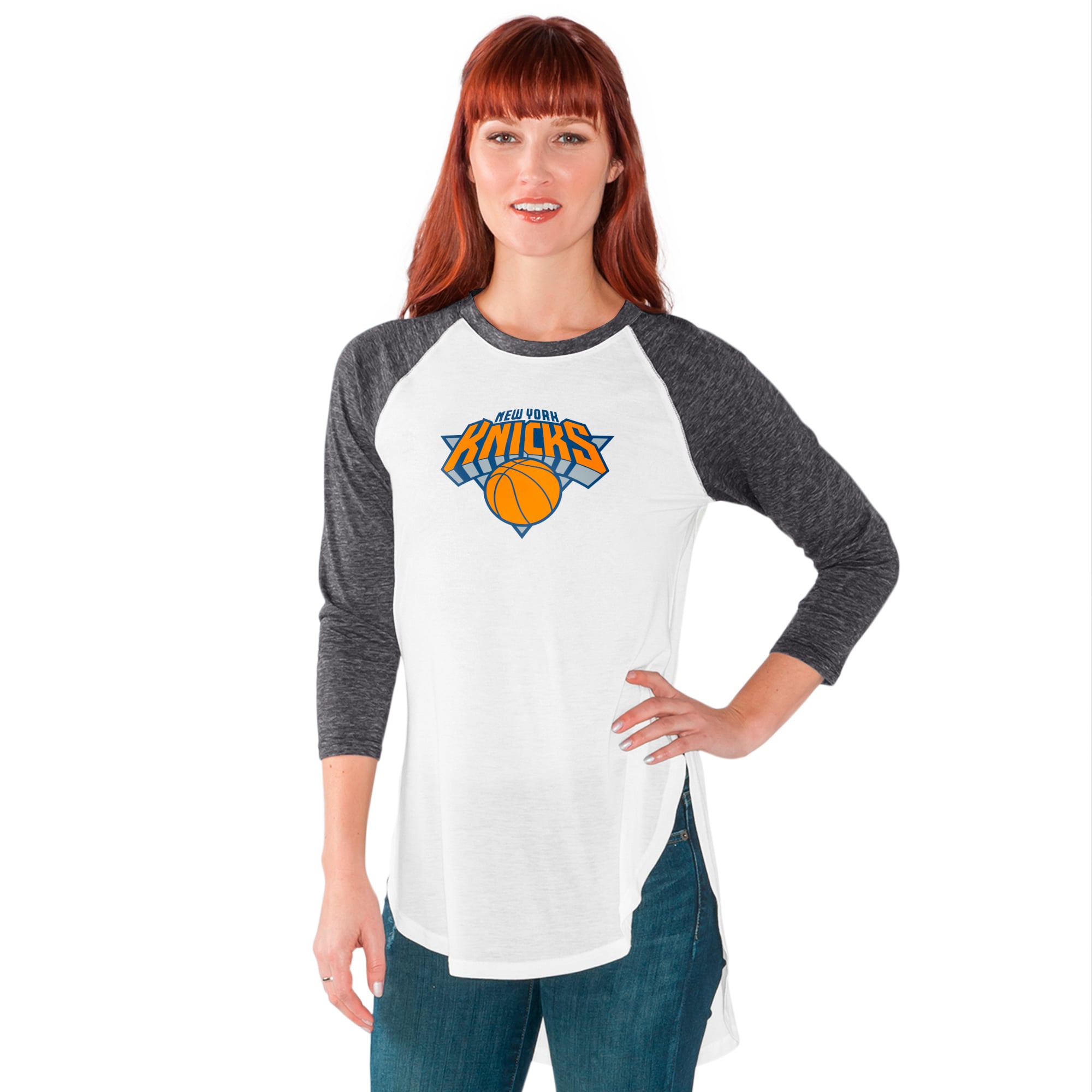 T-shirt raglan manches 3/4 G-III 4Her pour femme par Carl Banks, blanc/gris chiné, New York Knicks All-Star