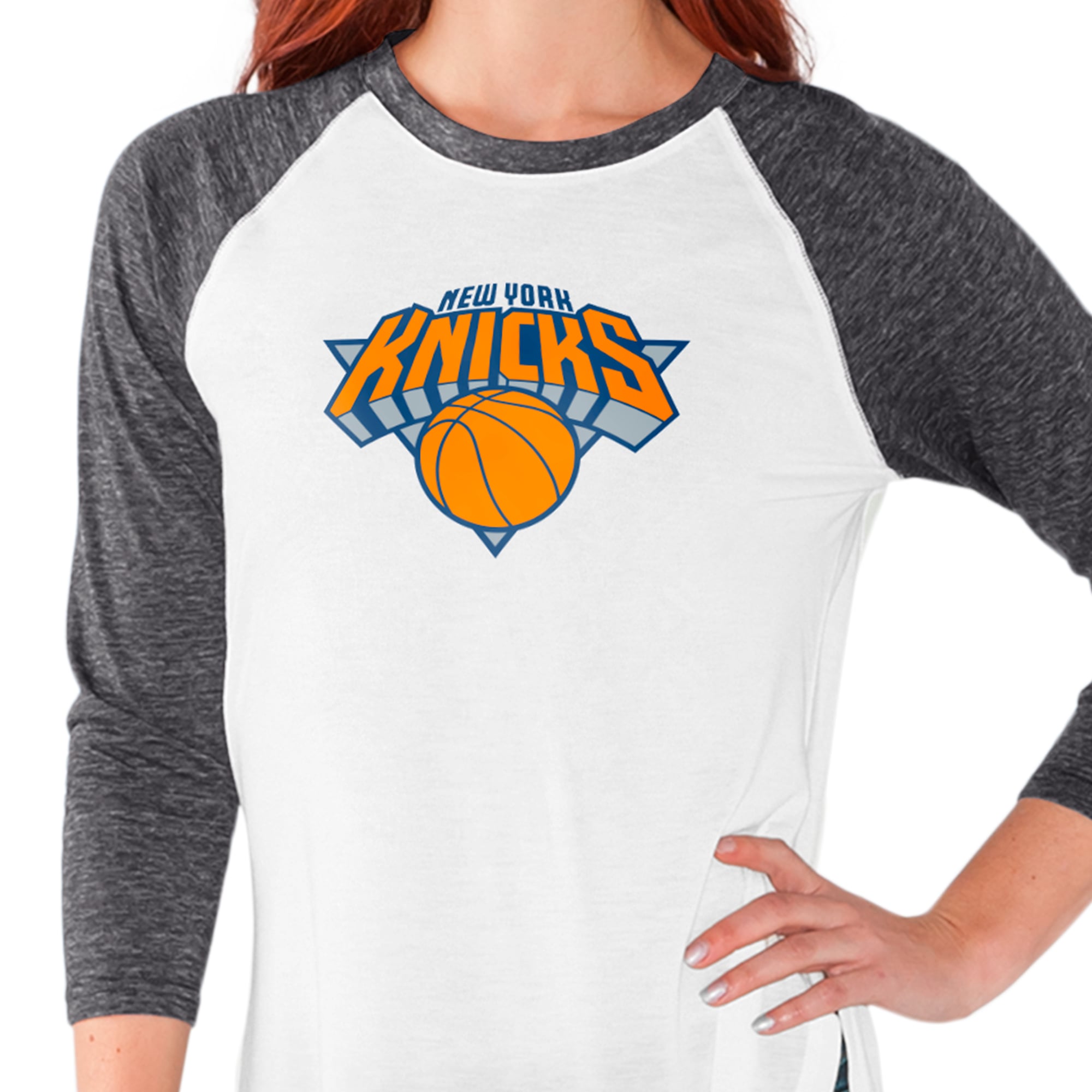 T-shirt raglan manches 3/4 G-III 4Her pour femme par Carl Banks, blanc/gris chiné, New York Knicks All-Star