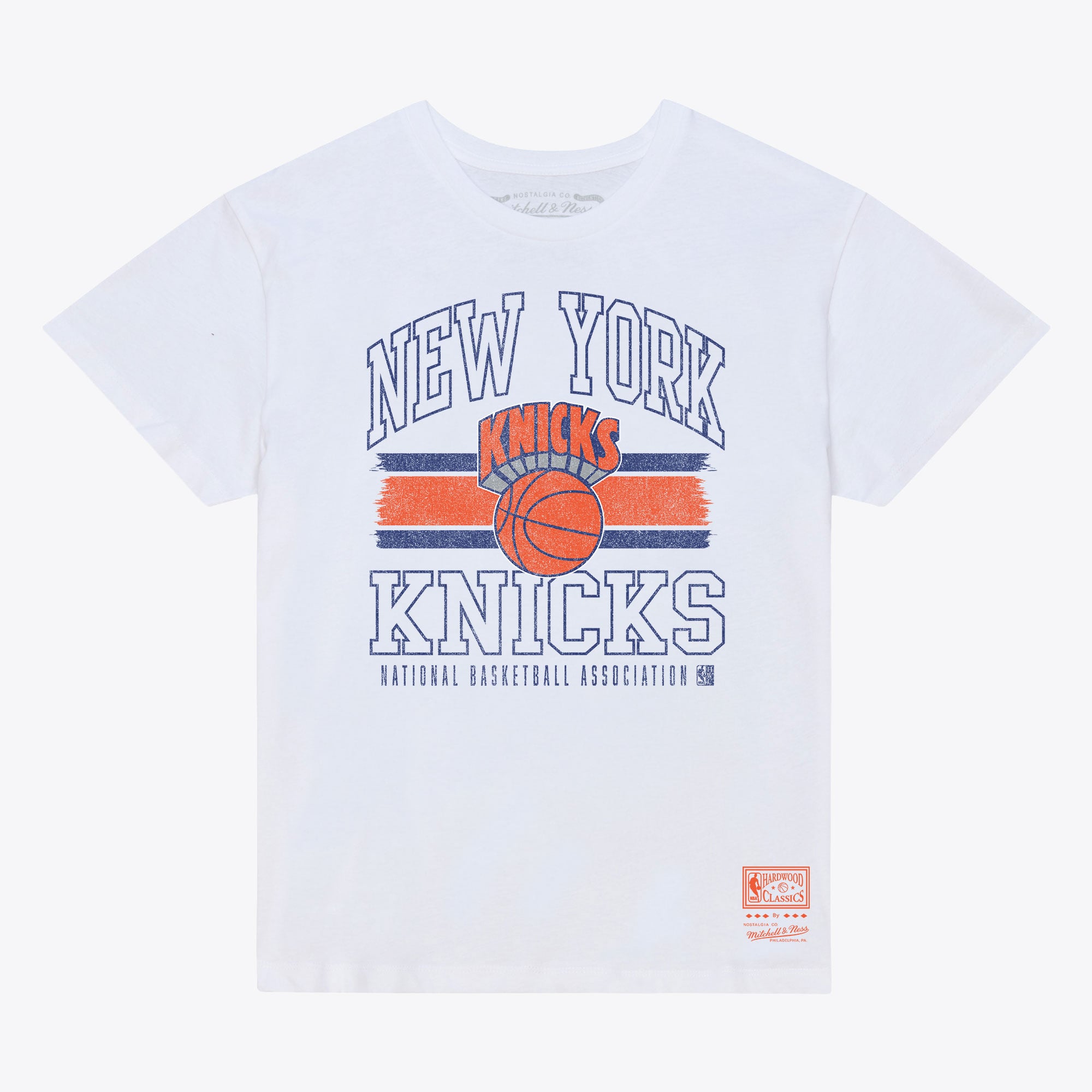 Women's Mitchell & Ness White New York Knicks Striped Logo Boxy T-Shirt