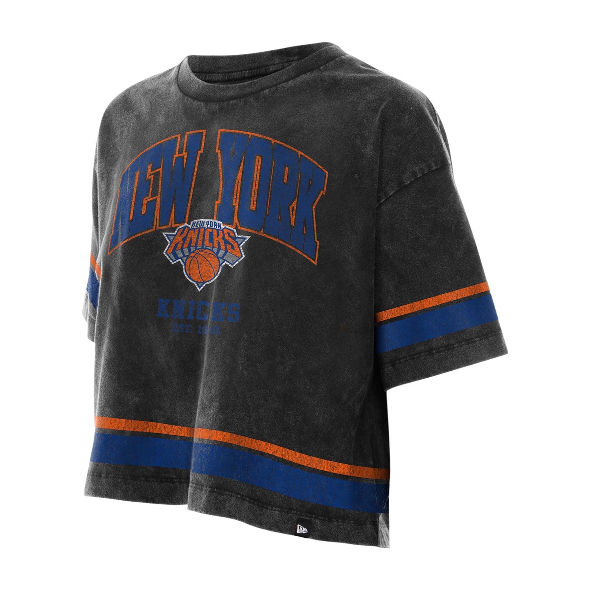 T-shirt court New Era noir pour femme, York Knicks, coupe carrée, délavage minéral