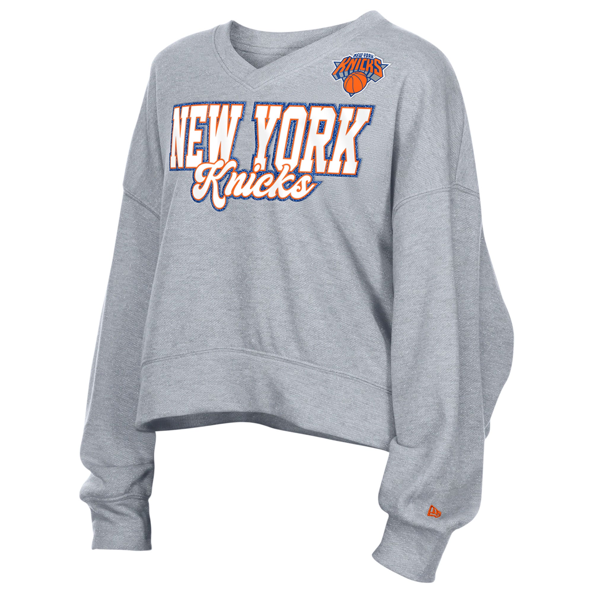 Sweat-shirt polaire court oversize à col en V New Era gris pour femme, York Knicks