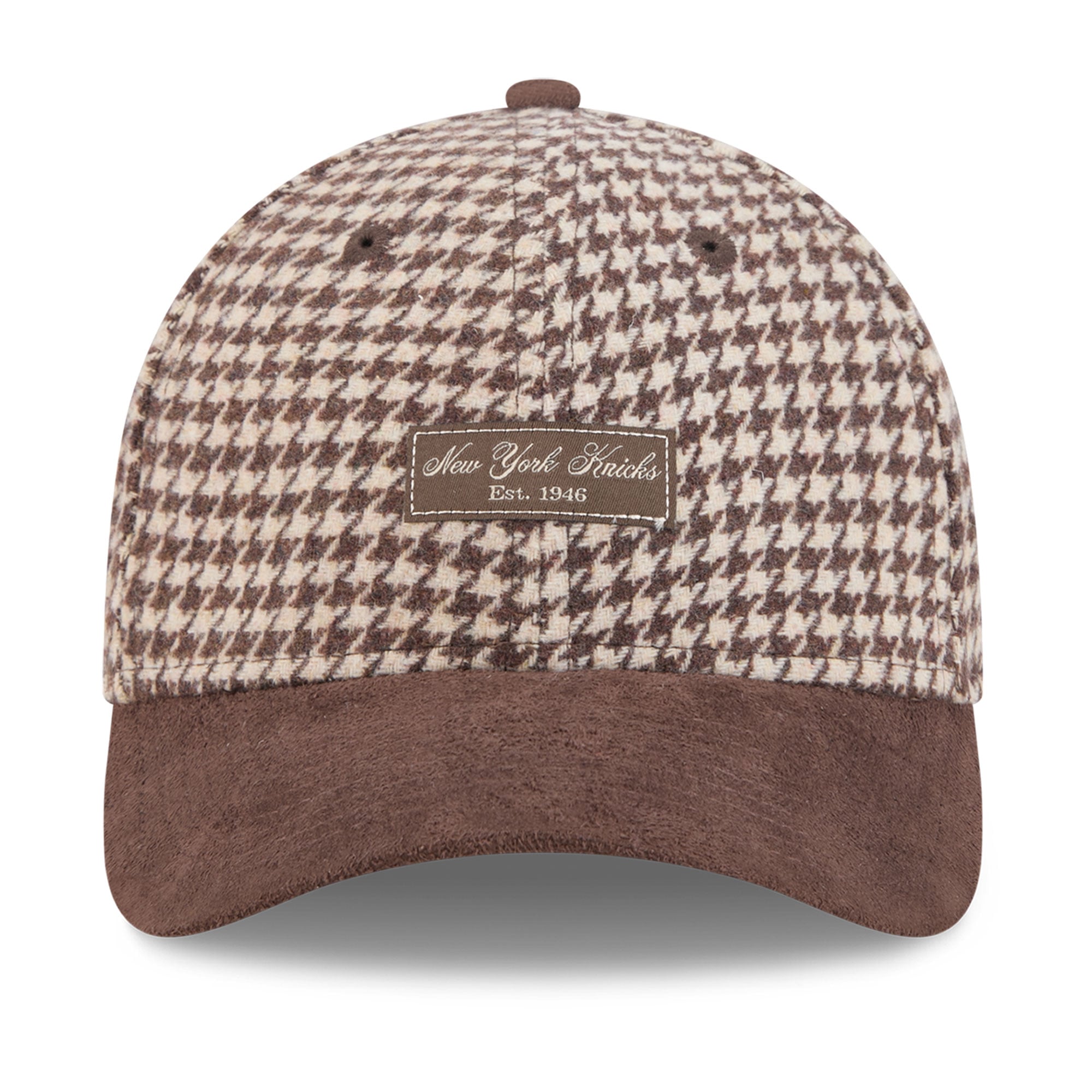 Casquette New Era pour femme, marron clair, New York Knicks, en fausse laine, modèle 9FORTY, à monture A et couronne M ajustable.