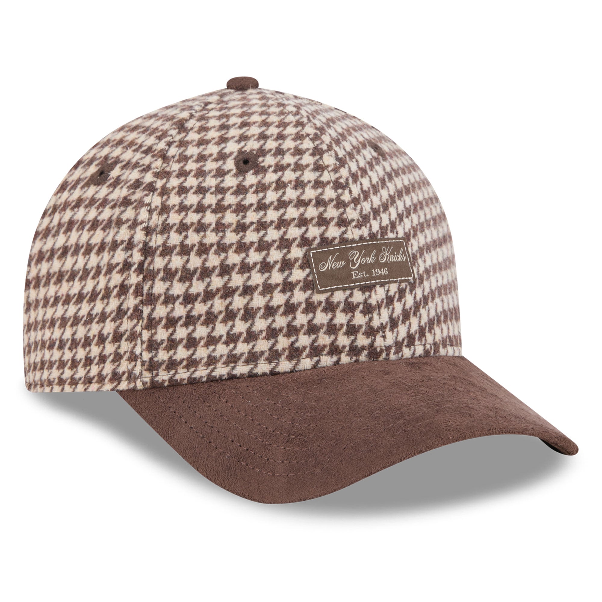 Casquette New Era pour femme, marron clair, New York Knicks, en fausse laine, modèle 9FORTY, à monture A et couronne M ajustable.