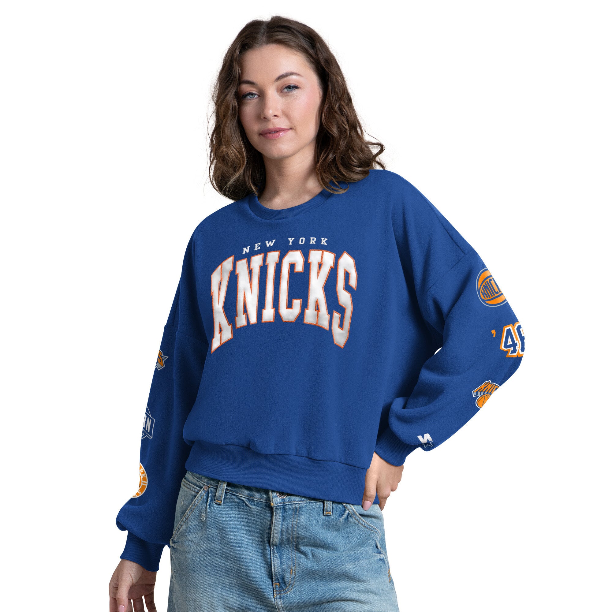 Sweat-shirt Starter bleu pour femme, modèle « New York Knicks », à l'effigie d'une fan.