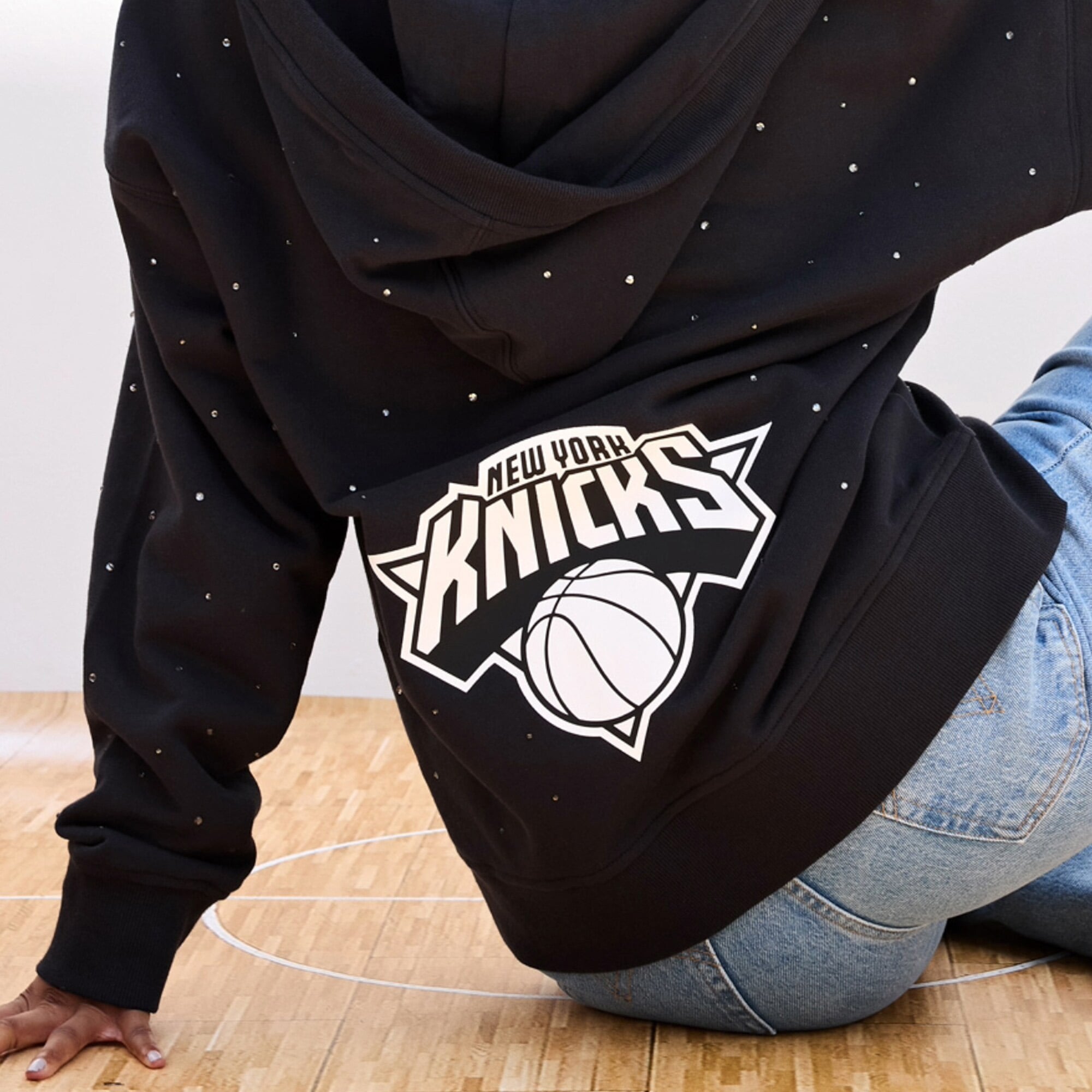 Women's Terez Black New York Knicks Oversized Allover Gemstone Full-Zip Hoodie