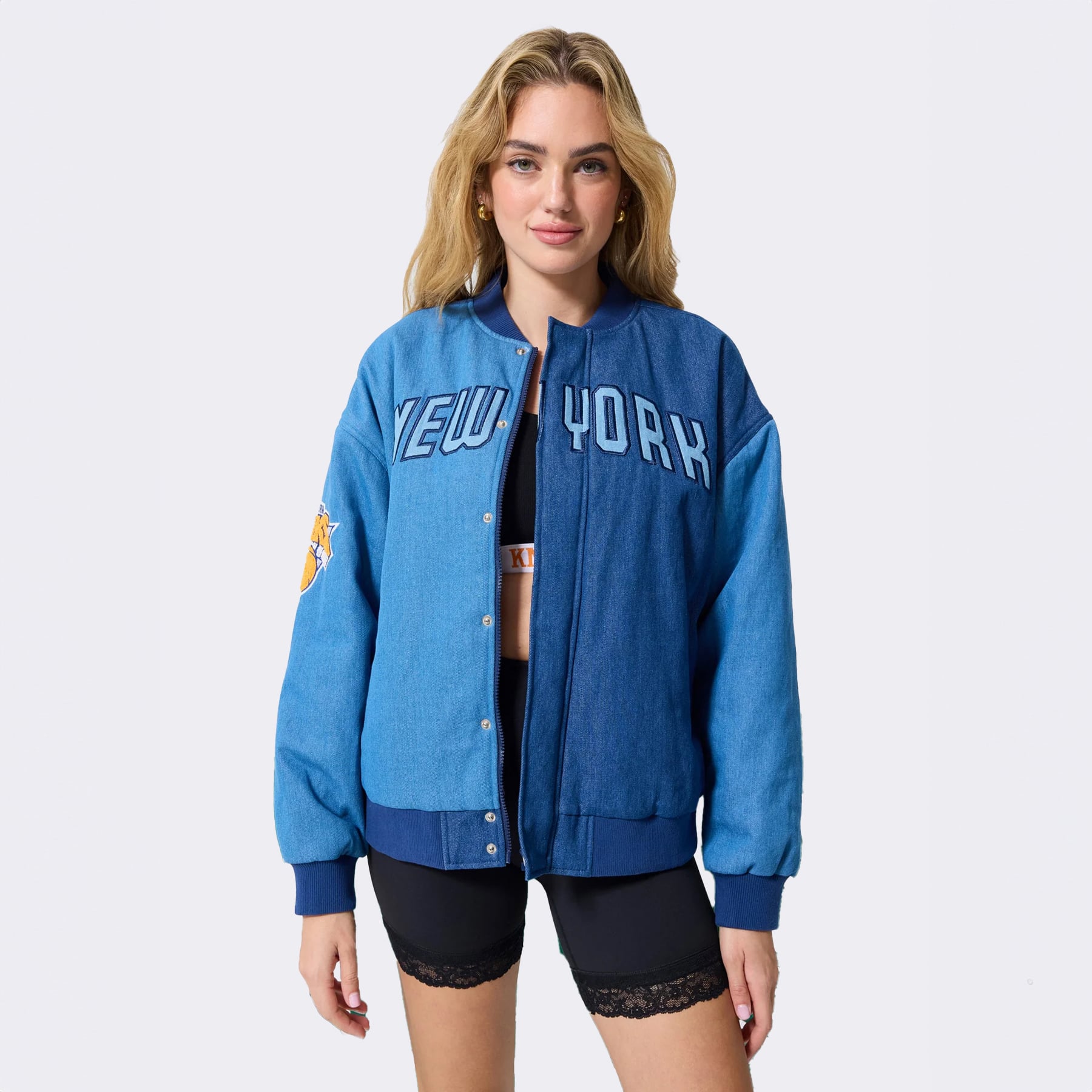 Women's Terez  Blue New York Knicks Denim Bomber Jacket