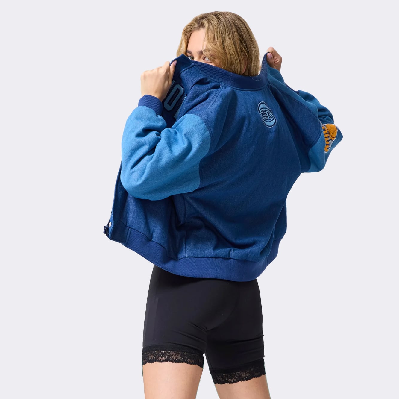 Women's Terez  Blue New York Knicks Denim Bomber Jacket
