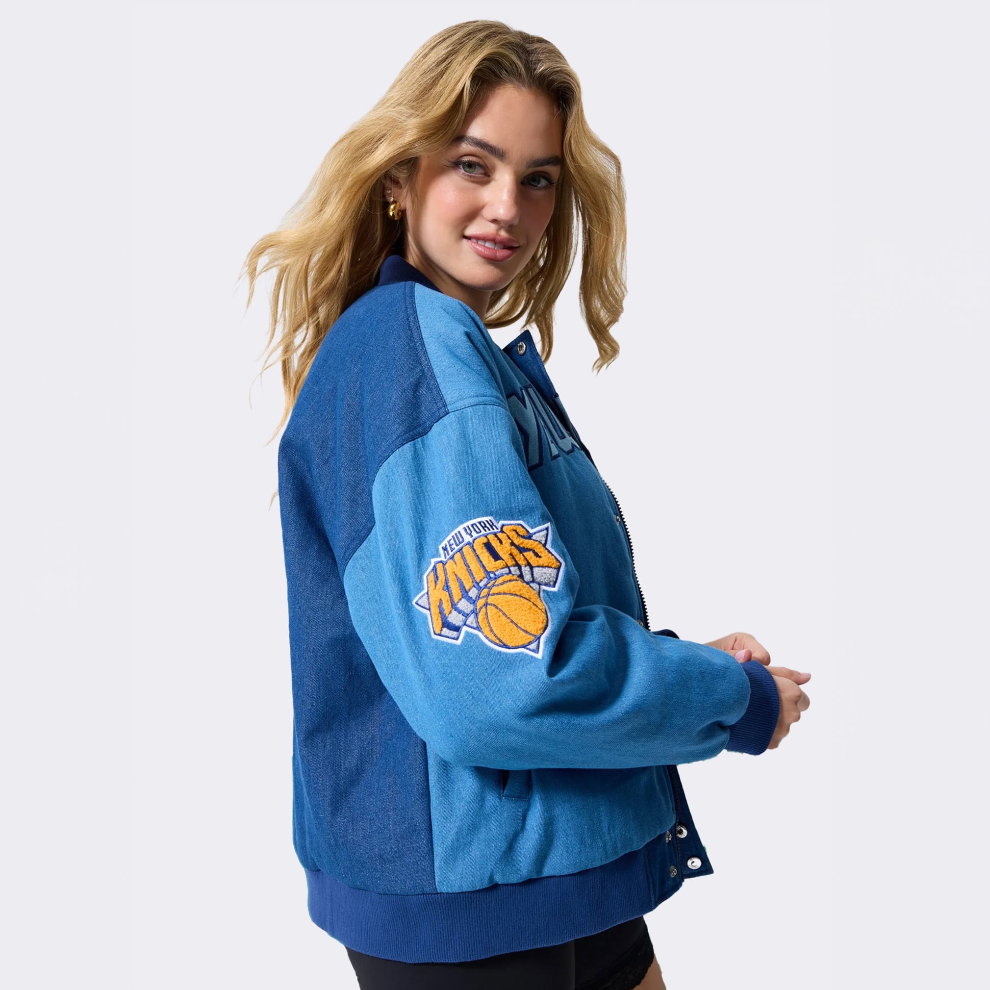 Women's Terez  Blue New York Knicks Denim Bomber Jacket
