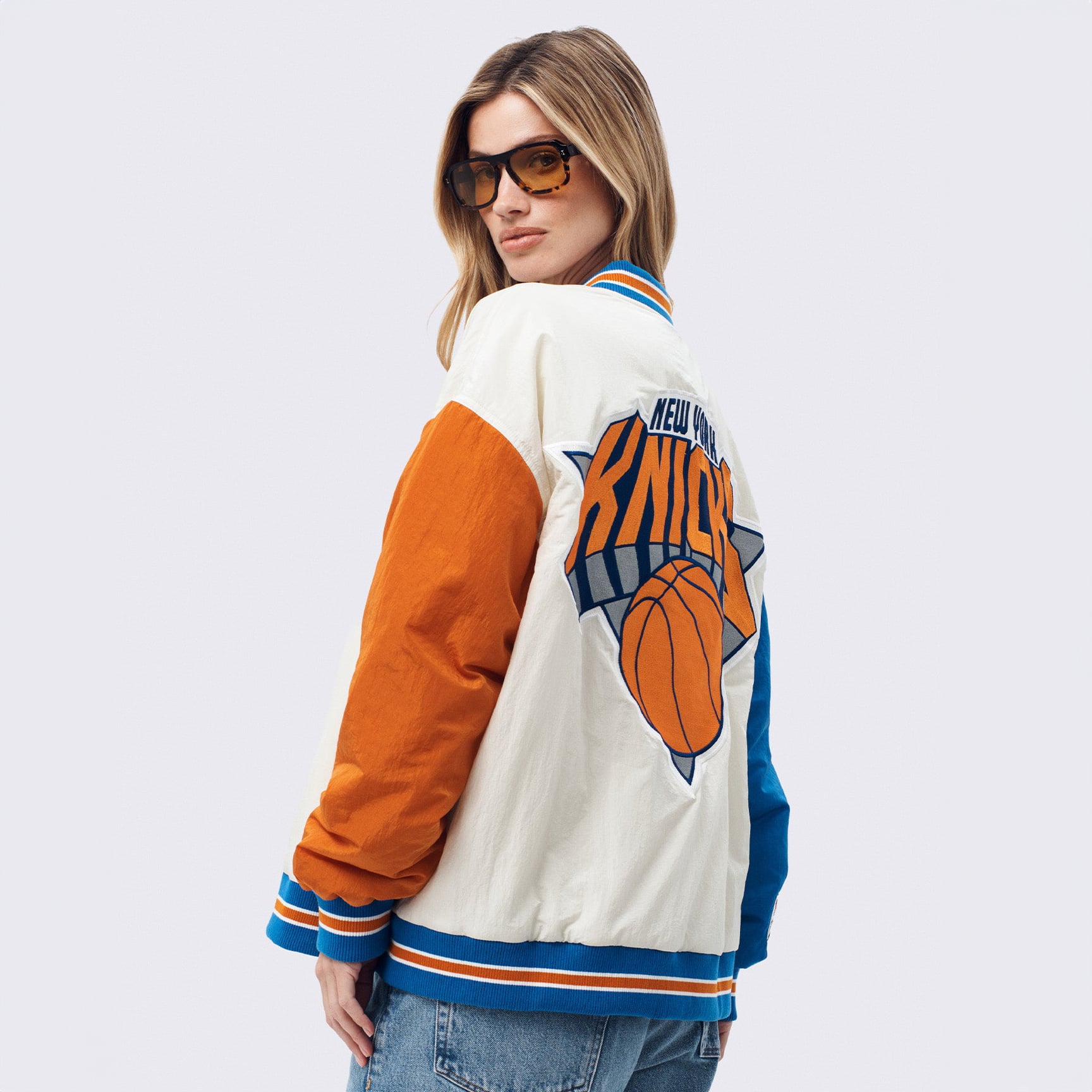 Veste bomber Terez Cream pour femme, New York Knicks, champions NBA 2026, fermeture à boutons-pression.