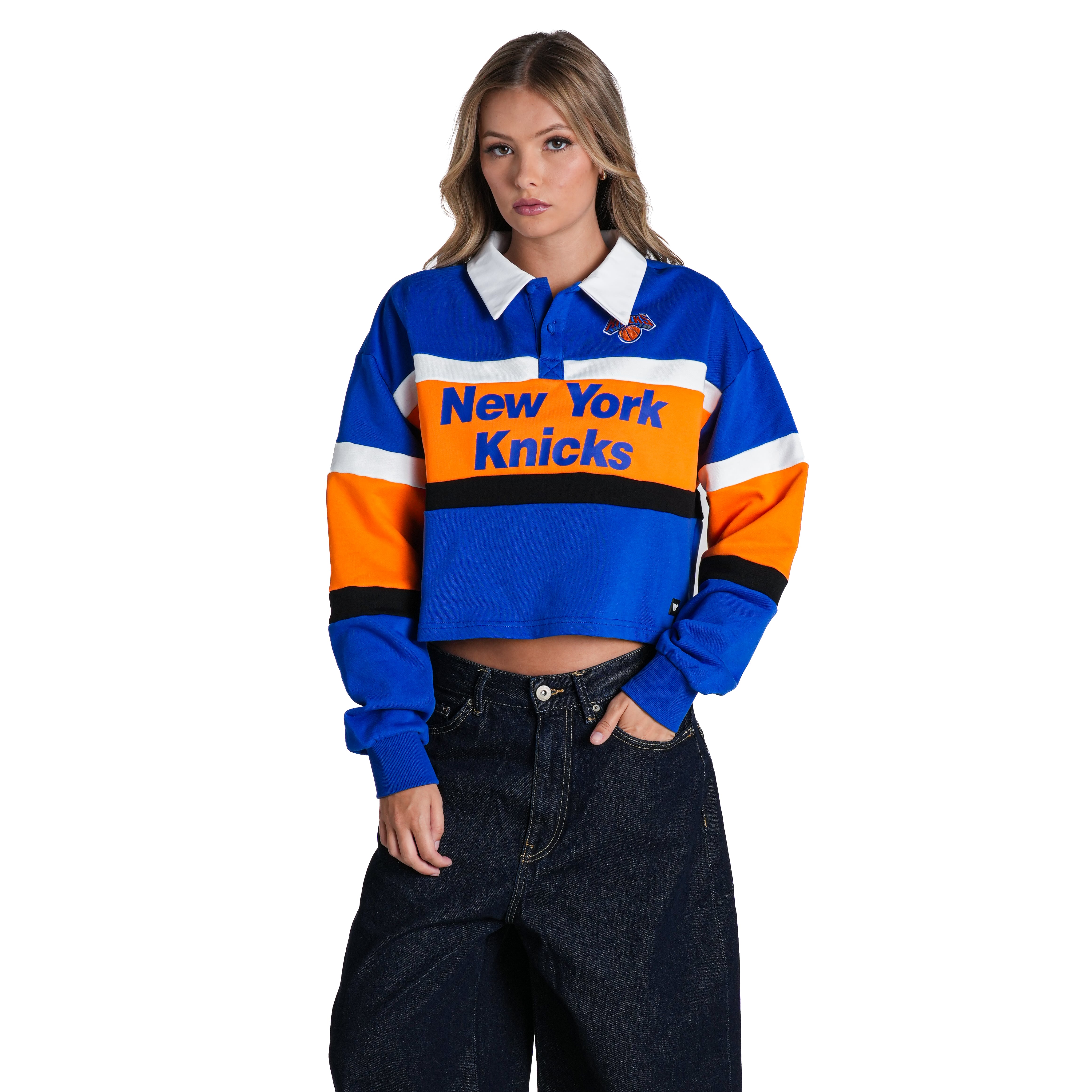 Polo court à manches longues The Wild Collective bleu New York Knicks pour femme