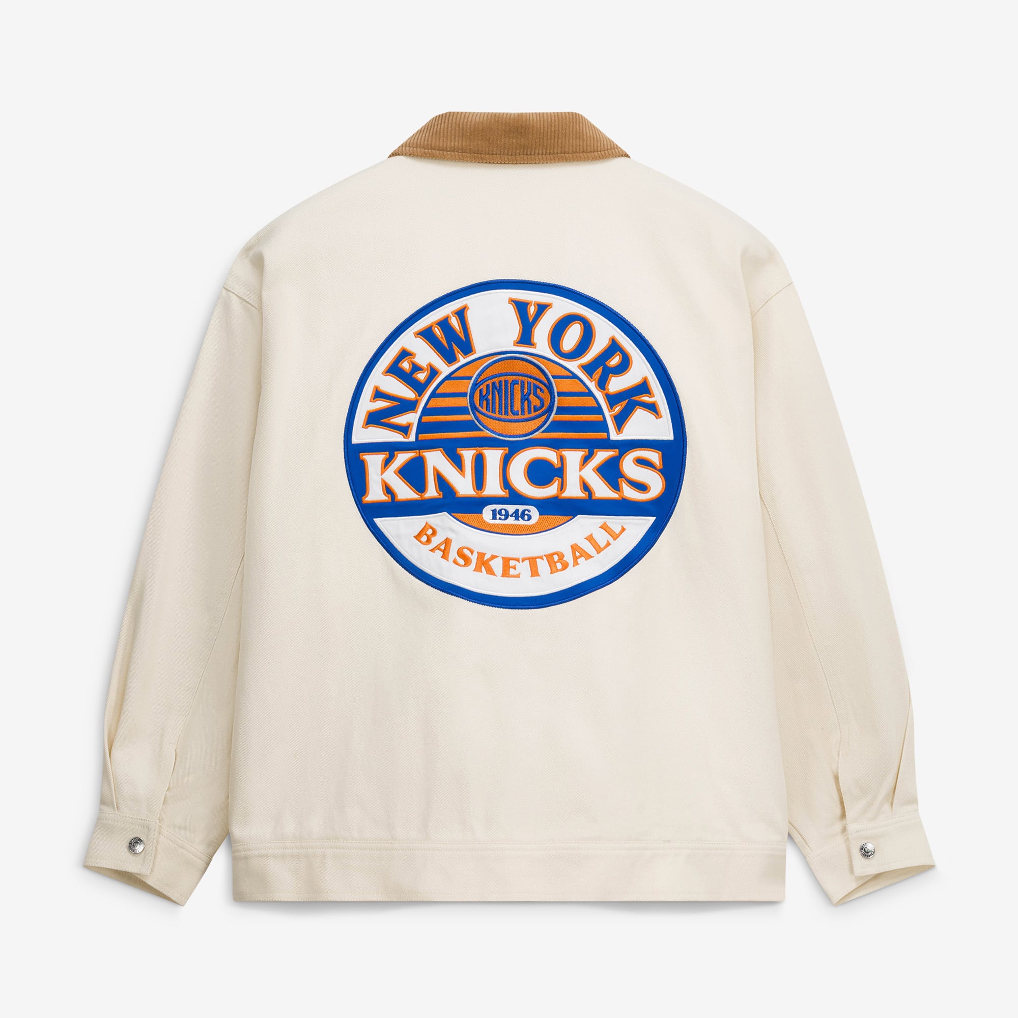 Veste en jean The Wild Collective crème New York Knicks pour femme, fermeture éclair intégrale