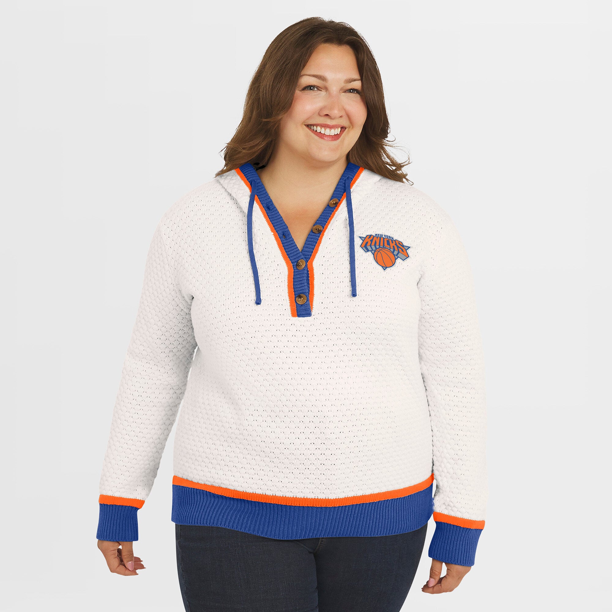 Women's WEAR by Erin Andrews Cream New York Knicks Plus Hoodie Sweater