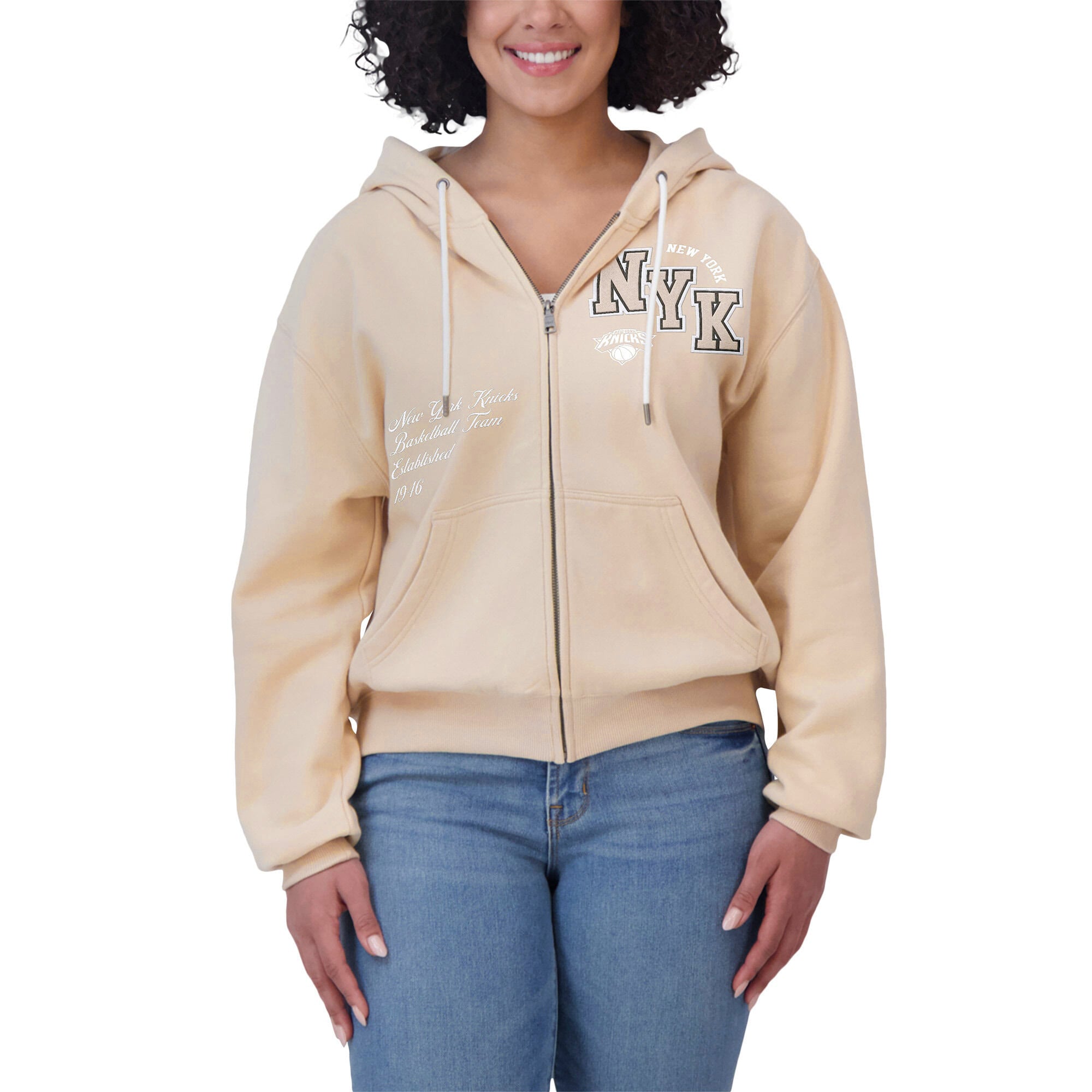 Sweat à capuche zippé en feutre ton sur de couleur crème grande taille pour femme WEAR by Erin Andrews des New York Knicks