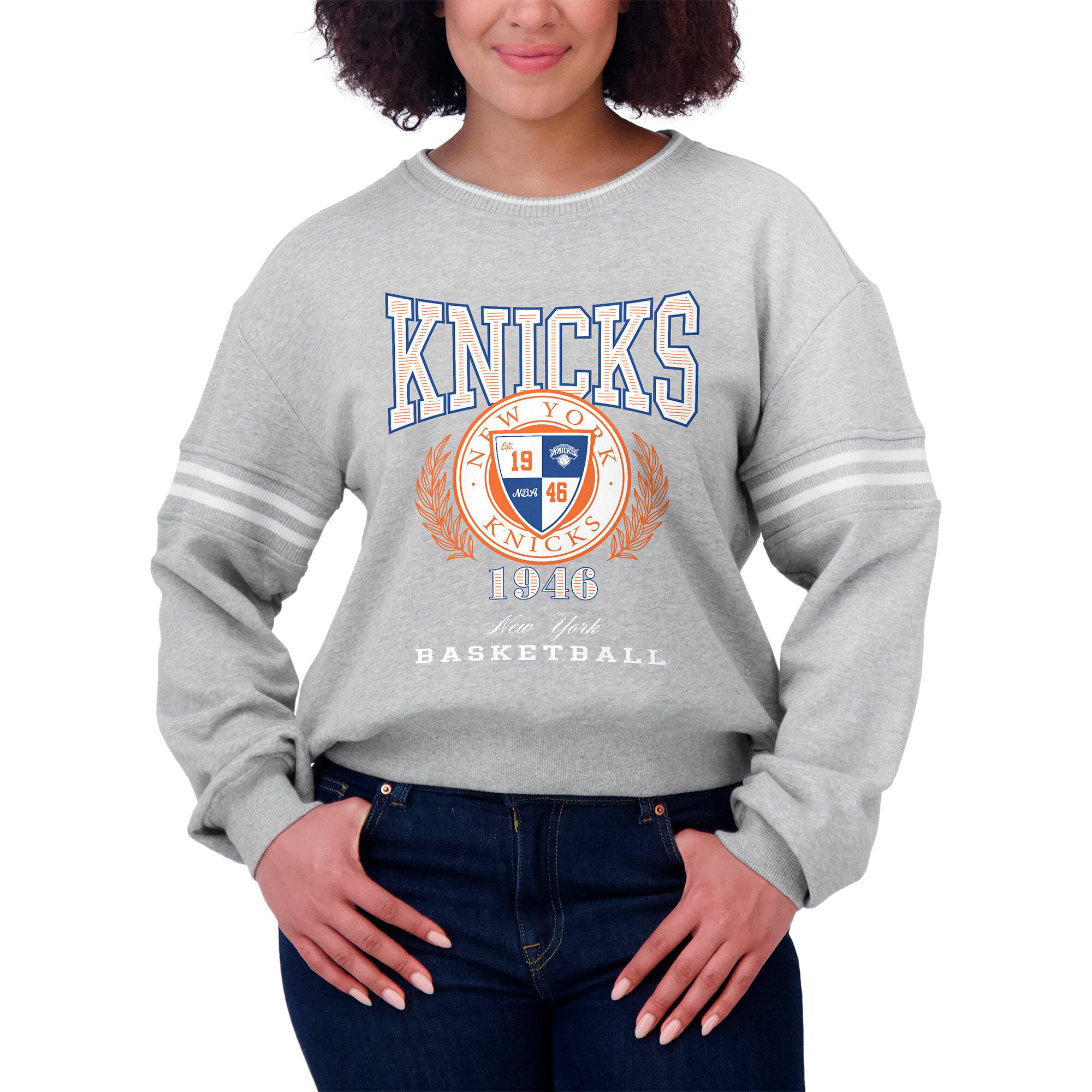Women's WEAR by Erin Andrews Heather Gray New York Knicks French Terry Pullover Sweatshirt