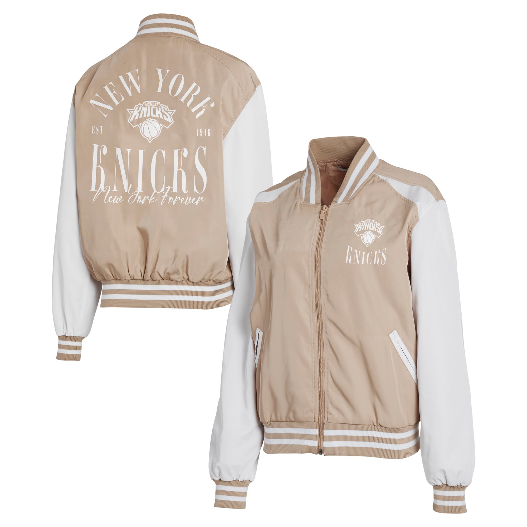 Women's WEAR by Erin Andrews  Tan New York Knicks Tonal Full-Zip Bomber Jacket