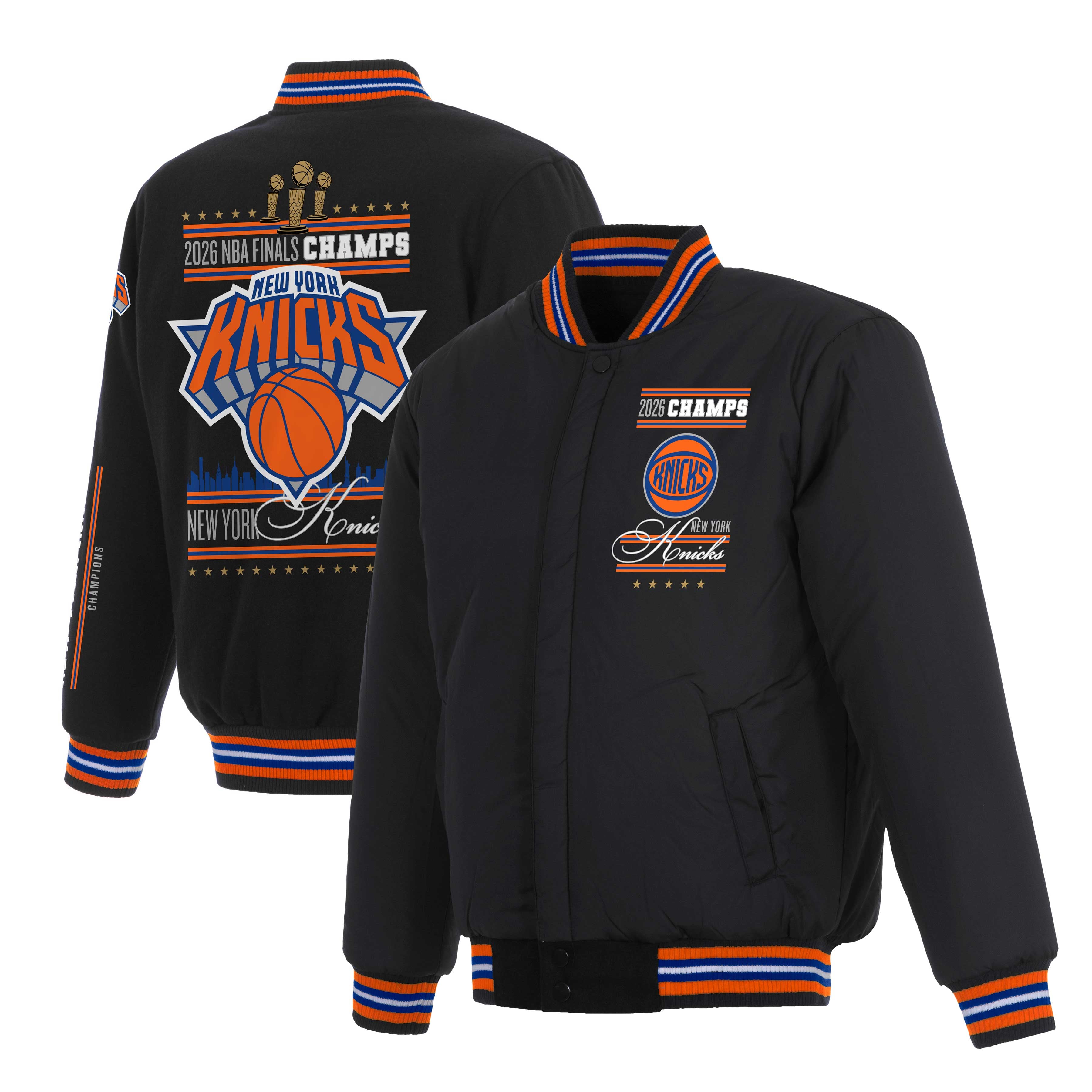 Veste réversible en laine à boutons-pression JH Design noire pour jeunes, New York Knicks, champions des finales NBA 2026