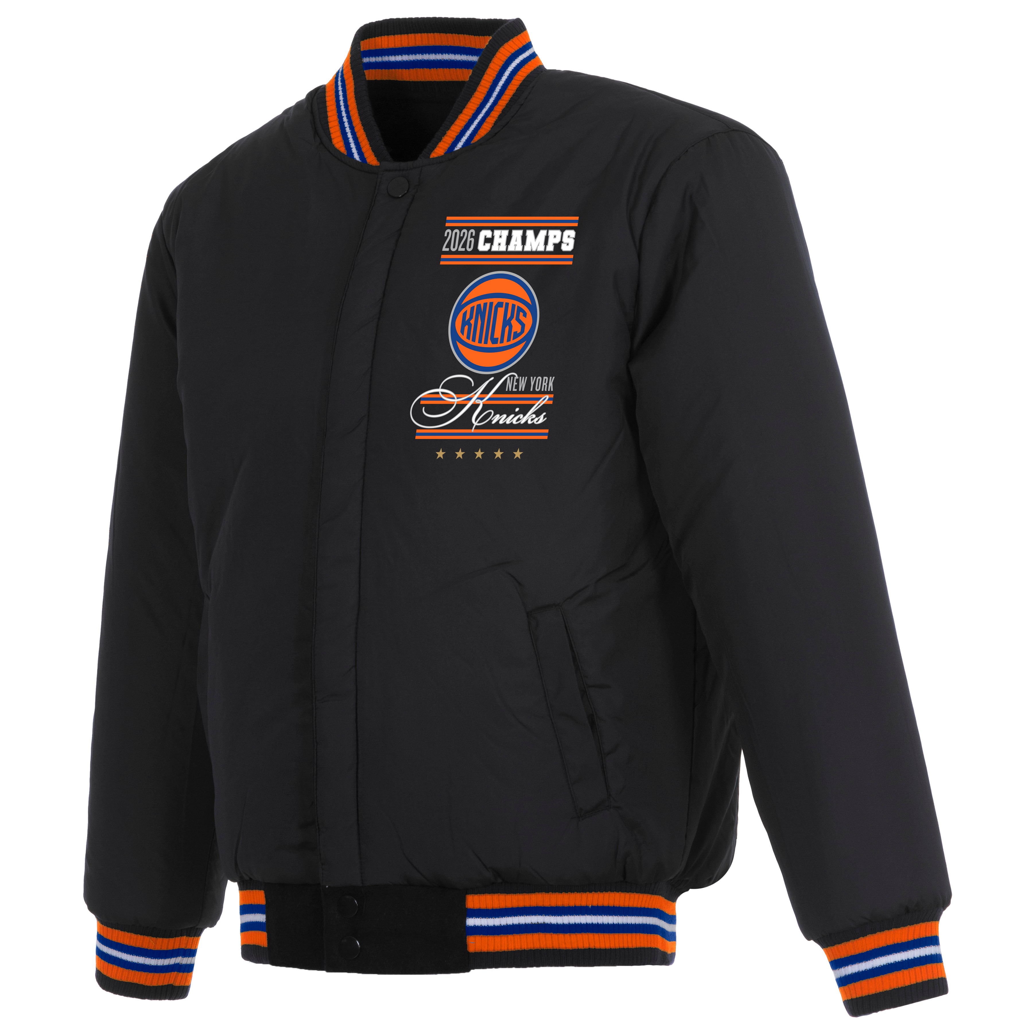 Veste réversible en laine à boutons-pression JH Design noire pour jeunes, New York Knicks, champions des finales NBA 2026
