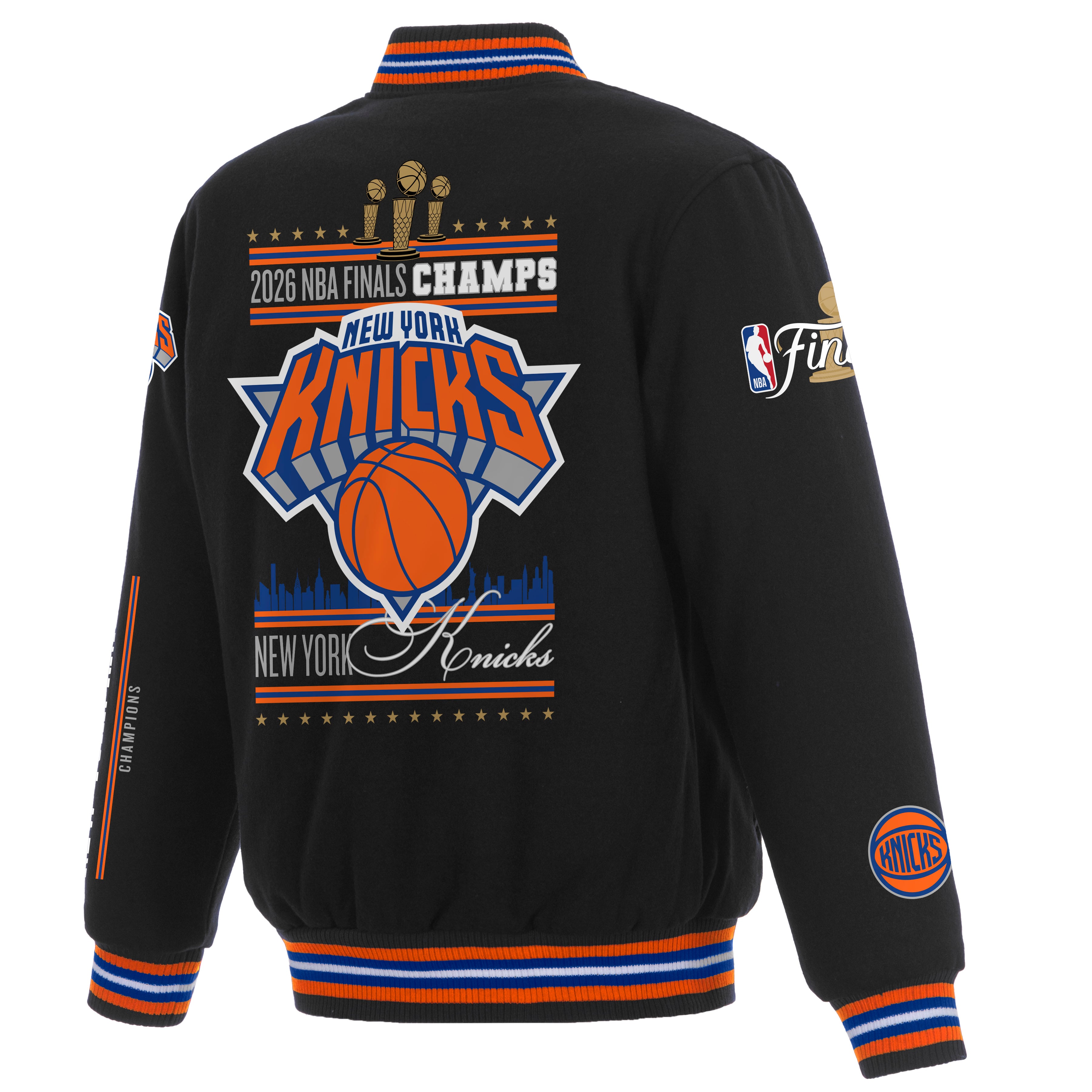 Veste réversible en laine à boutons-pression JH Design noire pour jeunes, New York Knicks, champions des finales NBA 2026