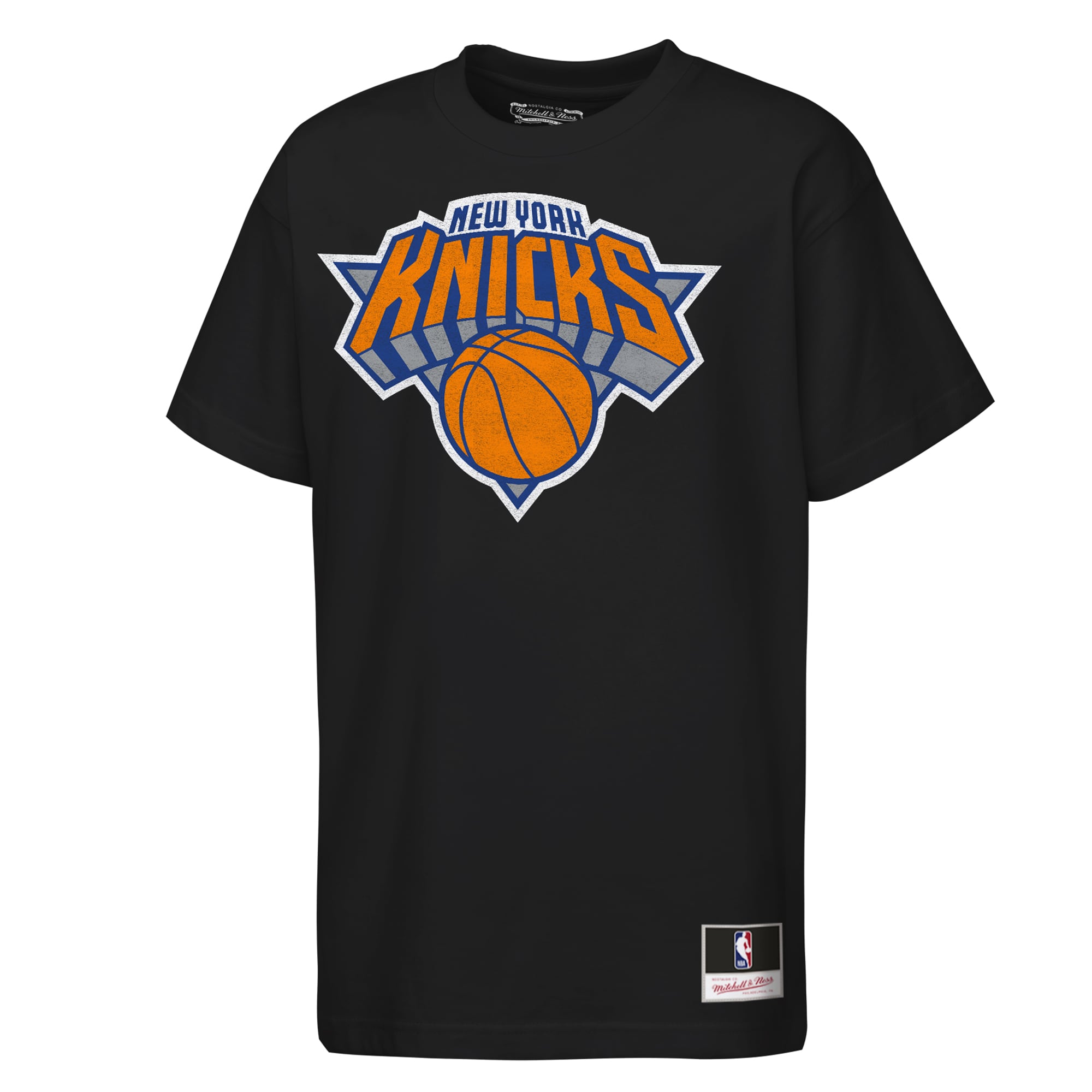 T-shirt Mitchell & Ness noir pour jeunes, mascotte des New York Knicks, grand visage