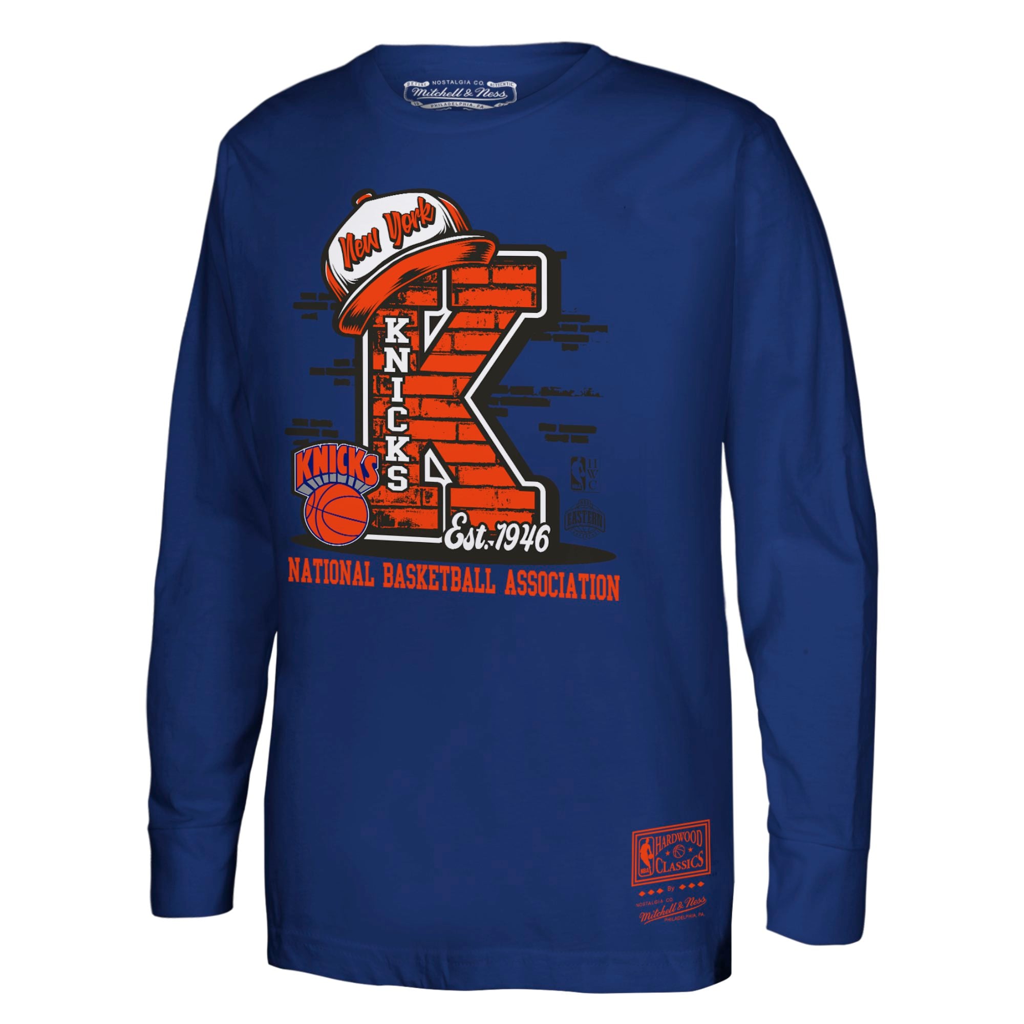 Youth Mitchell & Ness Blue New York Knicks Hardwood Classics Vintage Players Drip Long Sleeve T-Shirt