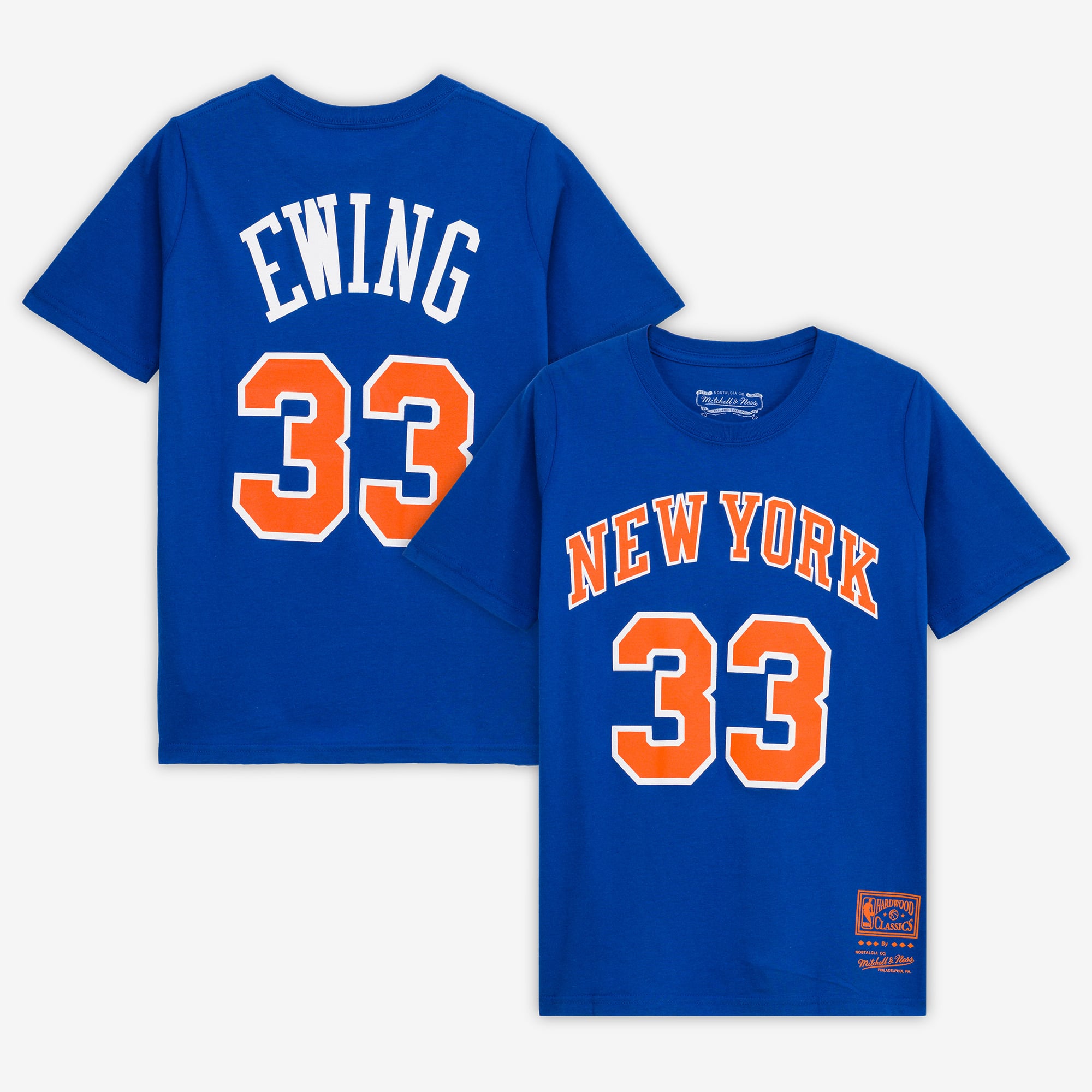 T-shirt avec nom et numéro Patrick Ewing des New York Knicks Hardwood Classics pour jeune Mitchell & Ness bleu