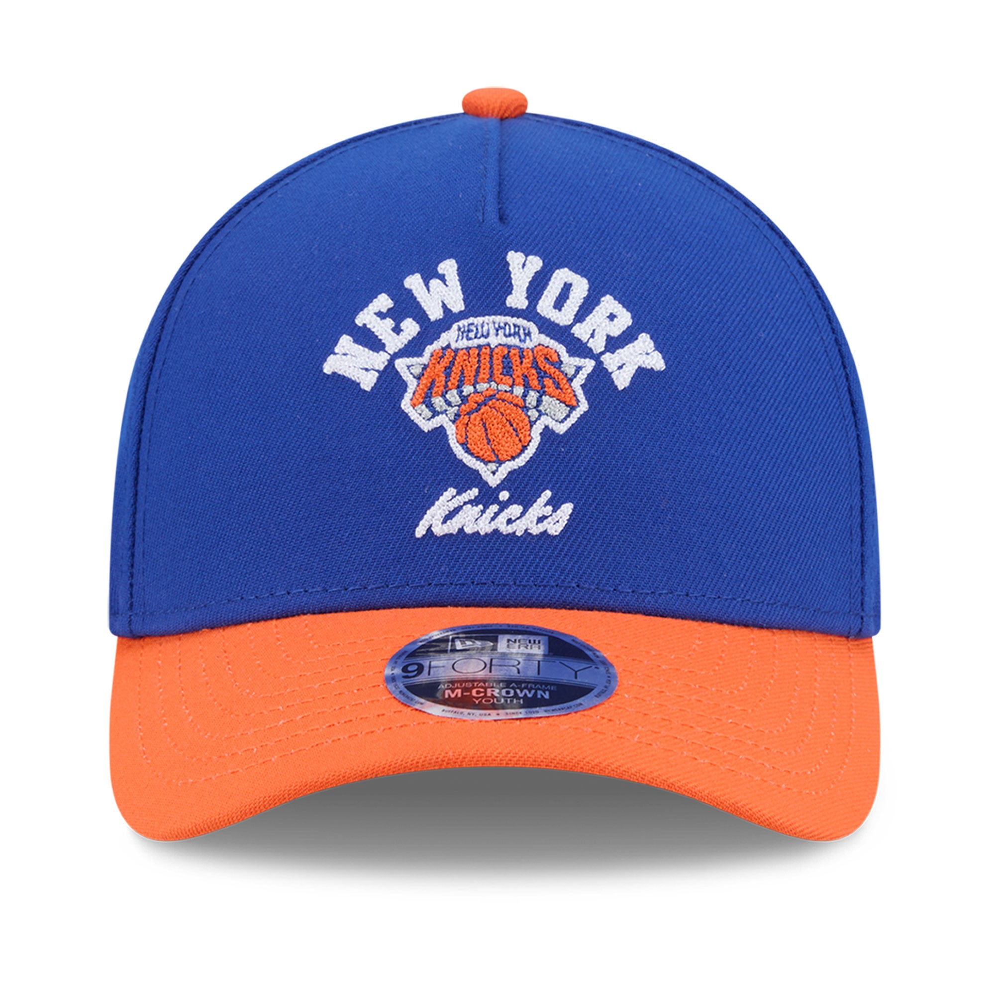 Casquette ajustable New Era 9FORTY A-Frame M-Crown pour jeunes, bleue et orange, New York Knicks.