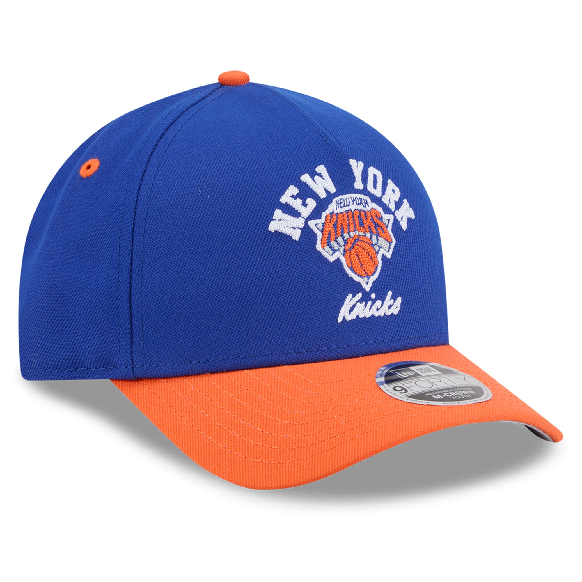 Casquette ajustable New Era 9FORTY A-Frame M-Crown pour jeunes, bleue et orange, New York Knicks.