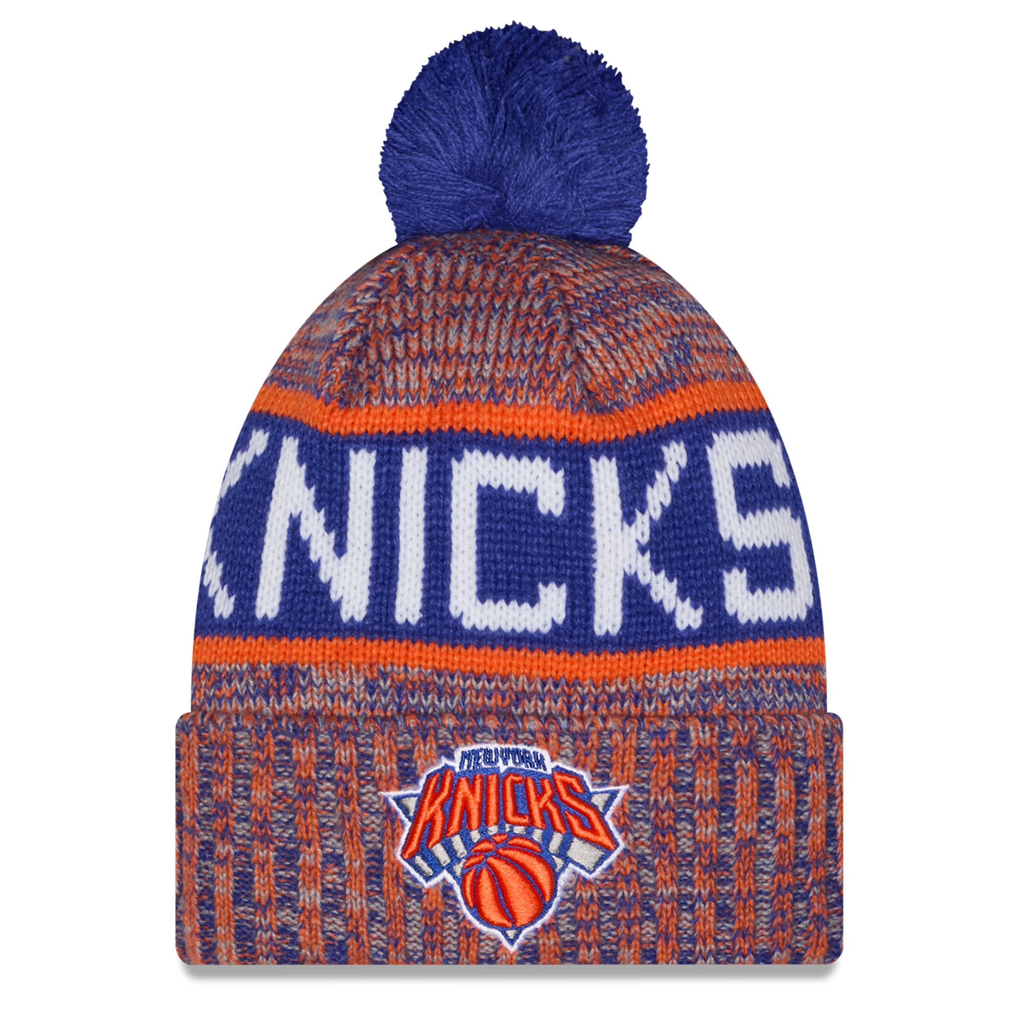 Bonnet à revers tricolore orange New Era New York Knicks pour enfant, avec pompon