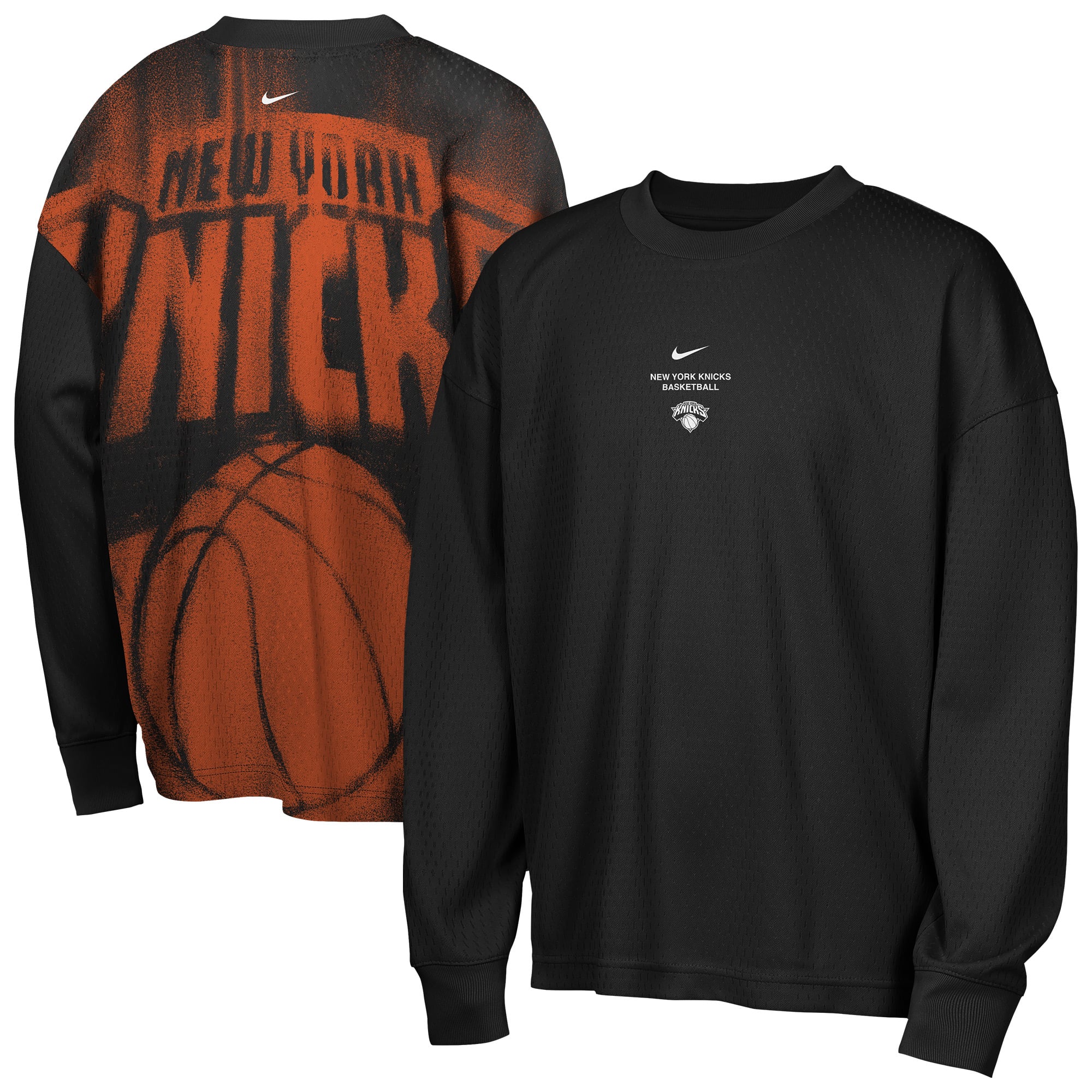 T-shirt à manches longues Nike noir New York Knicks 2026 Standard Issue pour jeunes, performance d'avant-match
