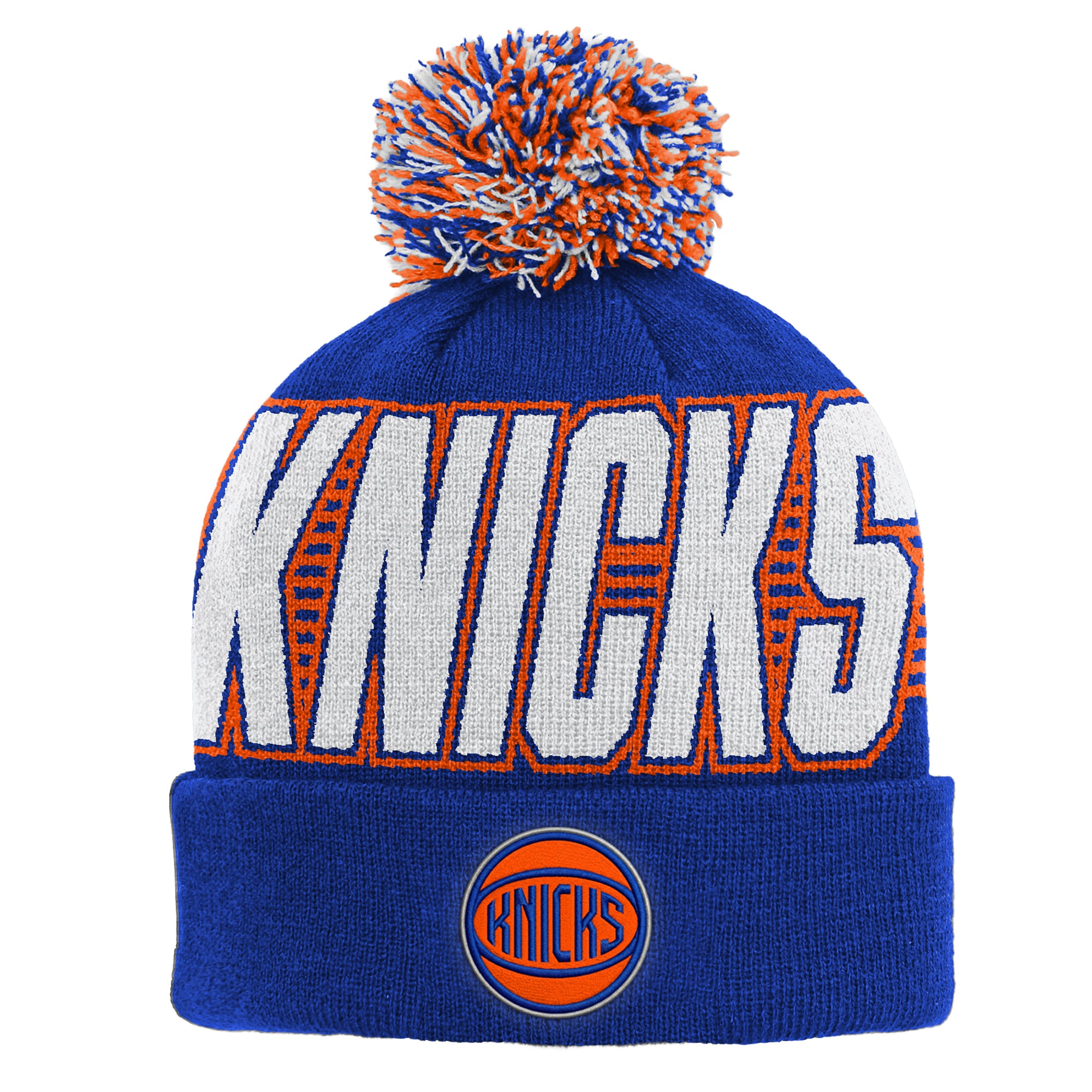 Bonnet tricoté à revers bleu New York Knicks pour enfant Outerstuff avec pompon