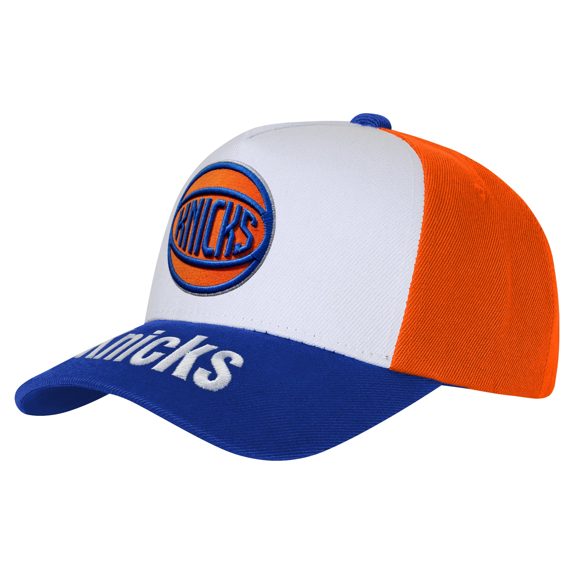 Youth Outerstuff White/Blue New York Knicks Logo Three Pro Pinch Pre-Curved Adjustable Hat
