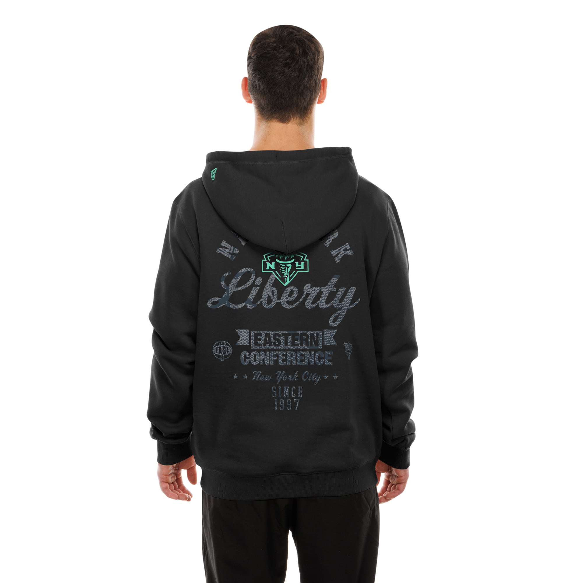 Sweat à capuche New Era noir pour homme avec logo Liberty de York sur le devant et au dos