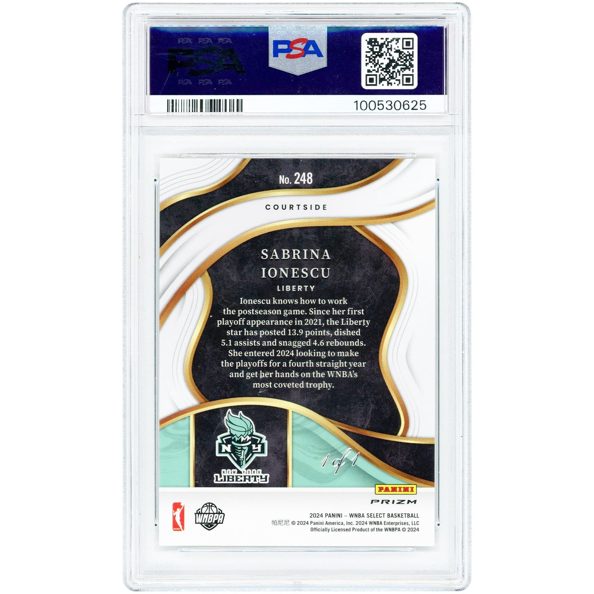 Sabrina Ionescu New York Liberty 2024 Panini Select Gold Vinyl #248 #1/1 PSA Authenticated 8 Card