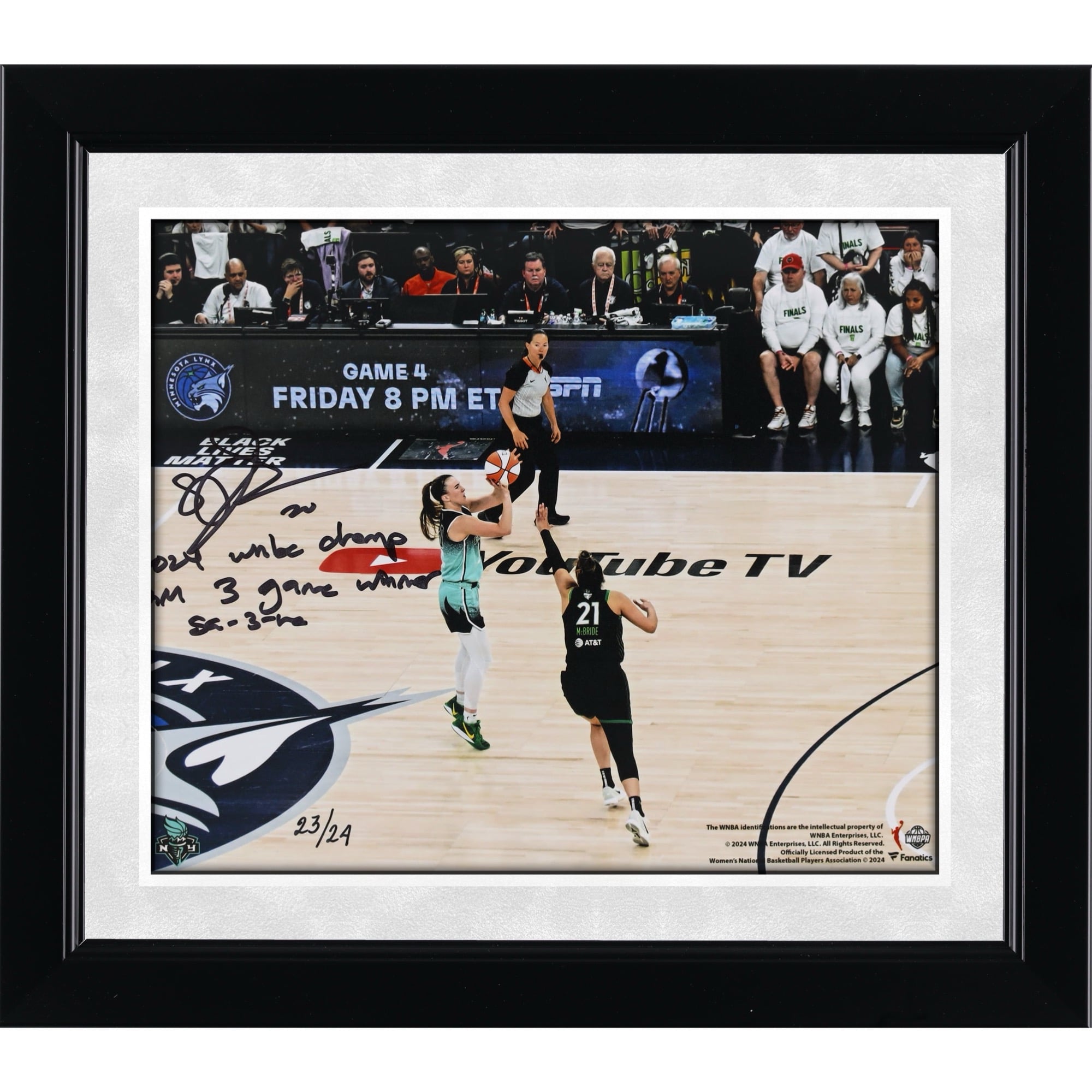 Sabrina Ionescu, New York Liberty, photographie dédicacée du tir à trois points gagnant du match 3 de la finale WNBA, 20 x 25 cm, avec plusieurs inscriptions - Édition limitée à 24 exemplaires