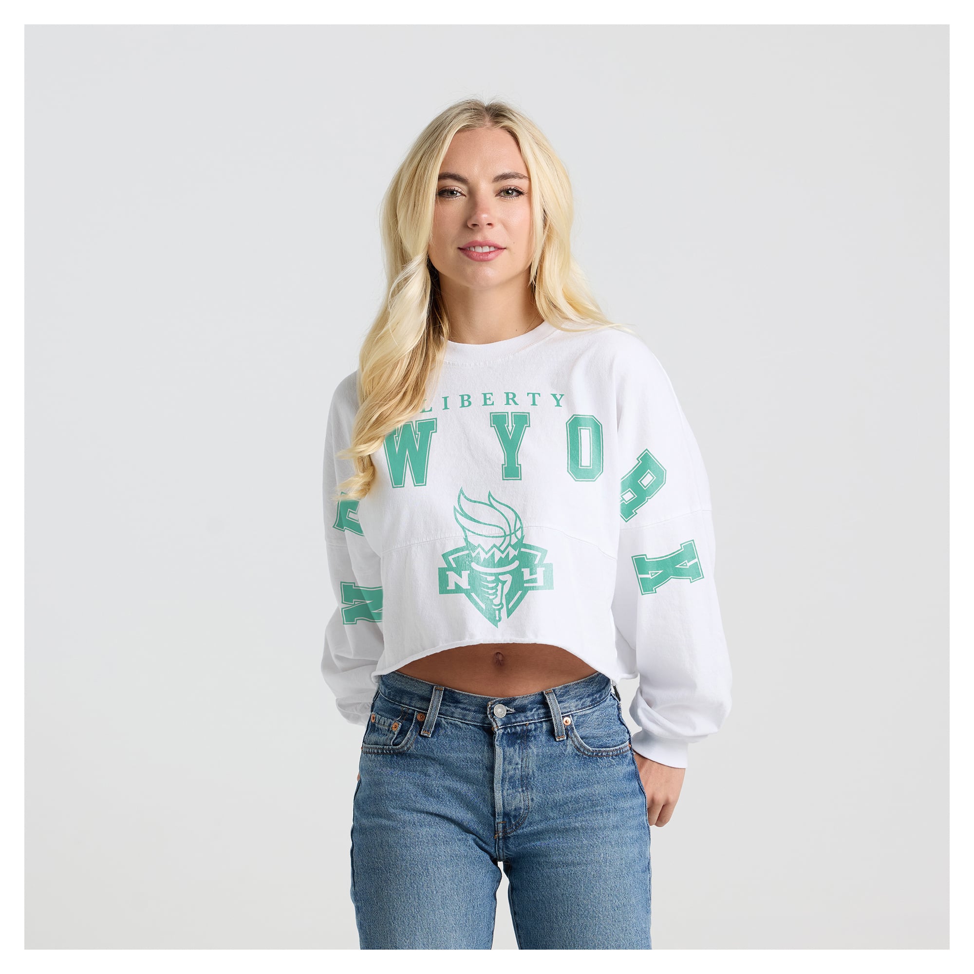 Women's Fanatics White New York Liberty Spirit Jersey Cropped Crew Neck Sweatshirt