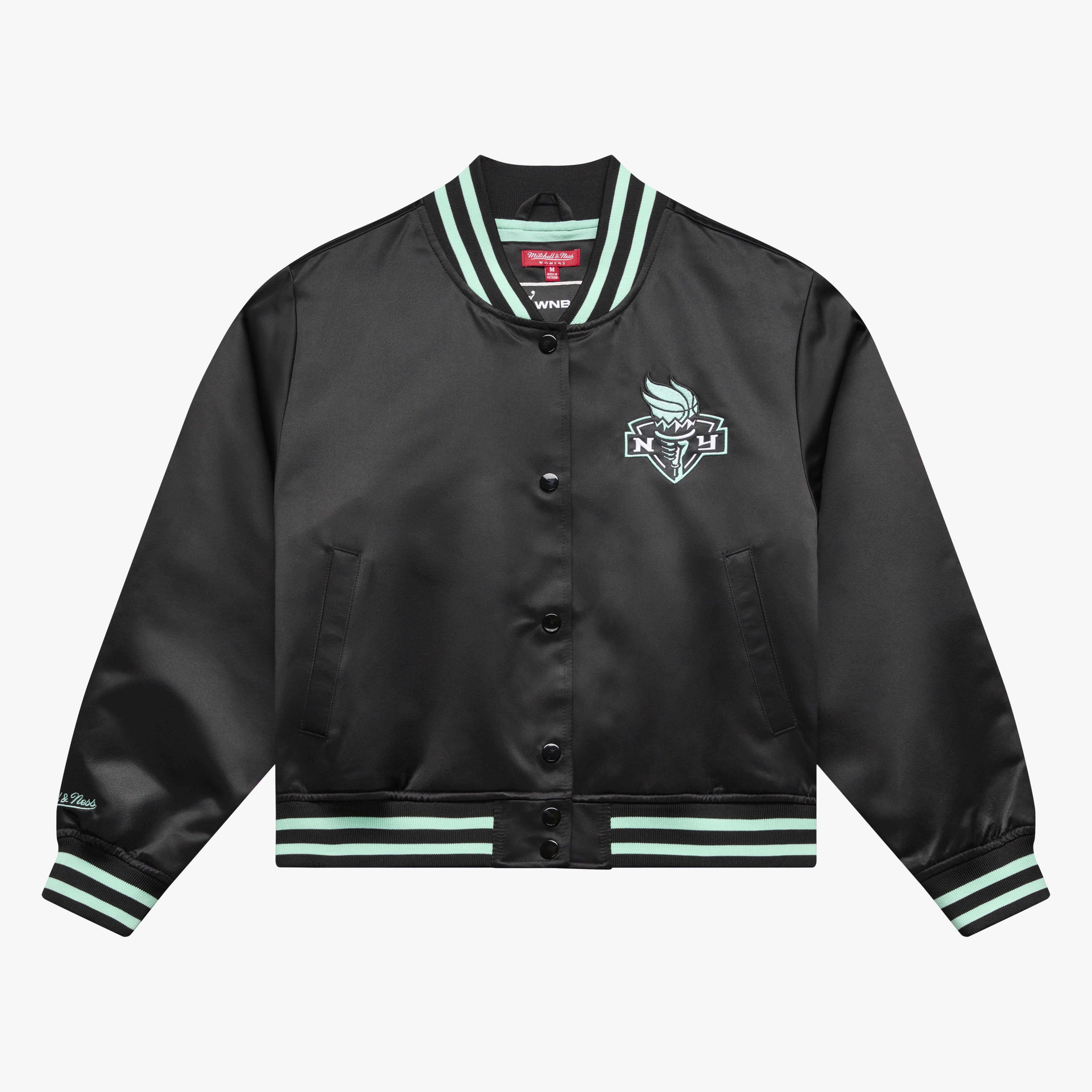 Women's Mitchell & Ness Black New York Liberty Lightweight Cropped Satin Jacket