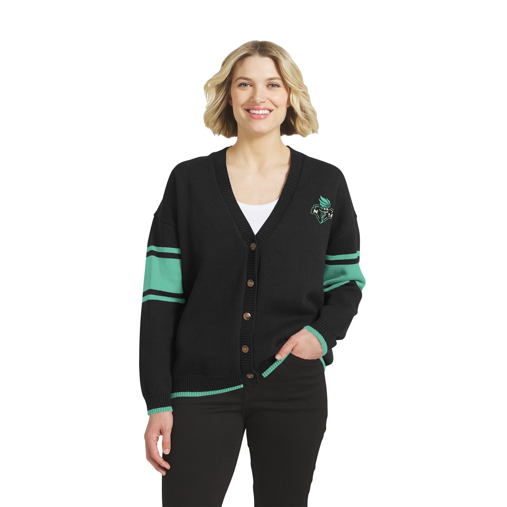 Gilet boutonné noir New York Liberty de la collection femme WEAR by Erin Andrews