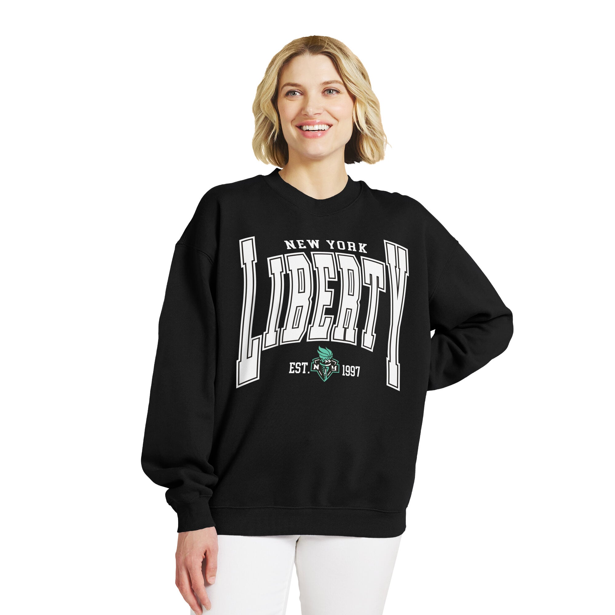 Women's WEAR by Erin Andrews Black New York Liberty Oversized Team Fleece Sweatshirt