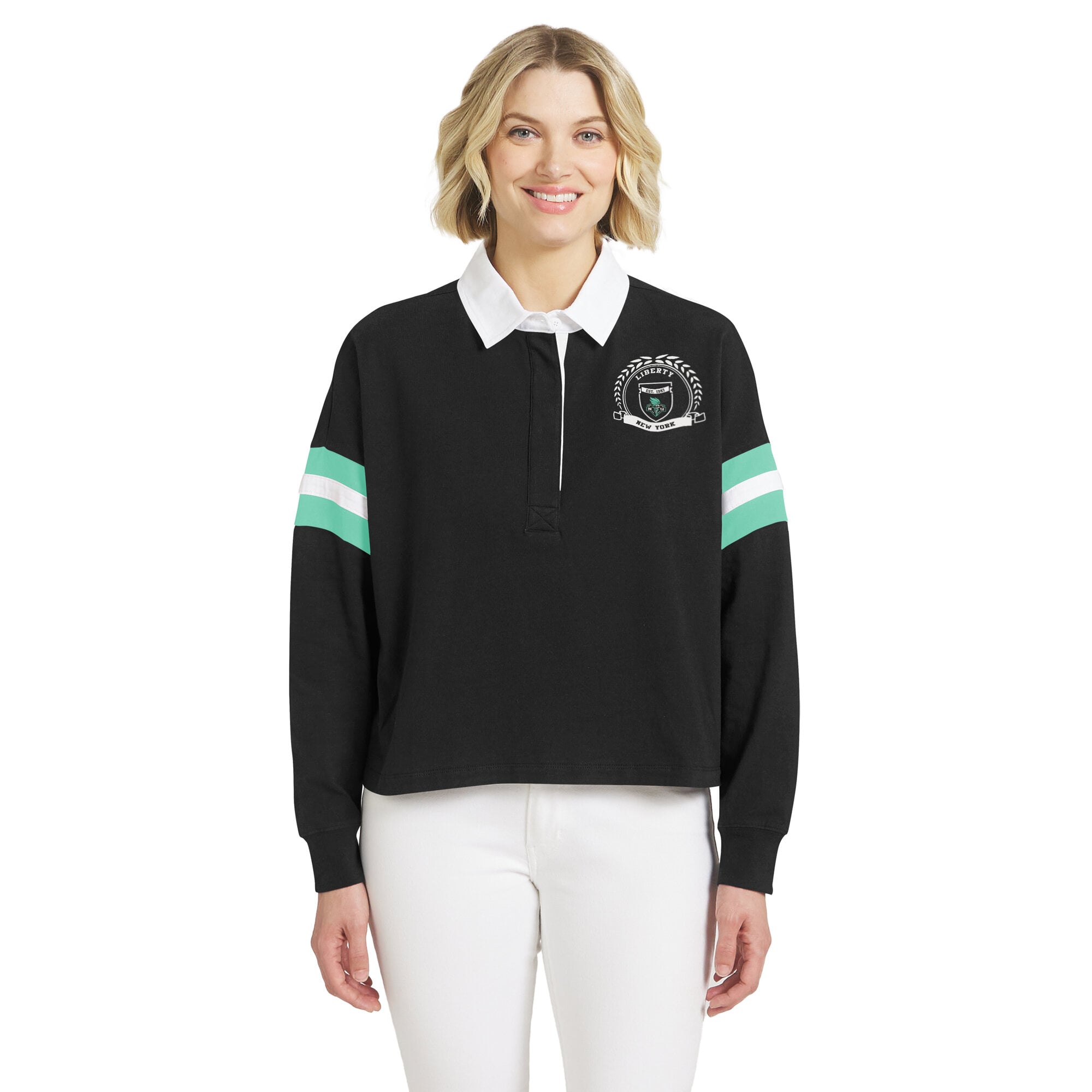 Polo de rugby noir New York Liberty la collection femme WEAR by Erin Andrews