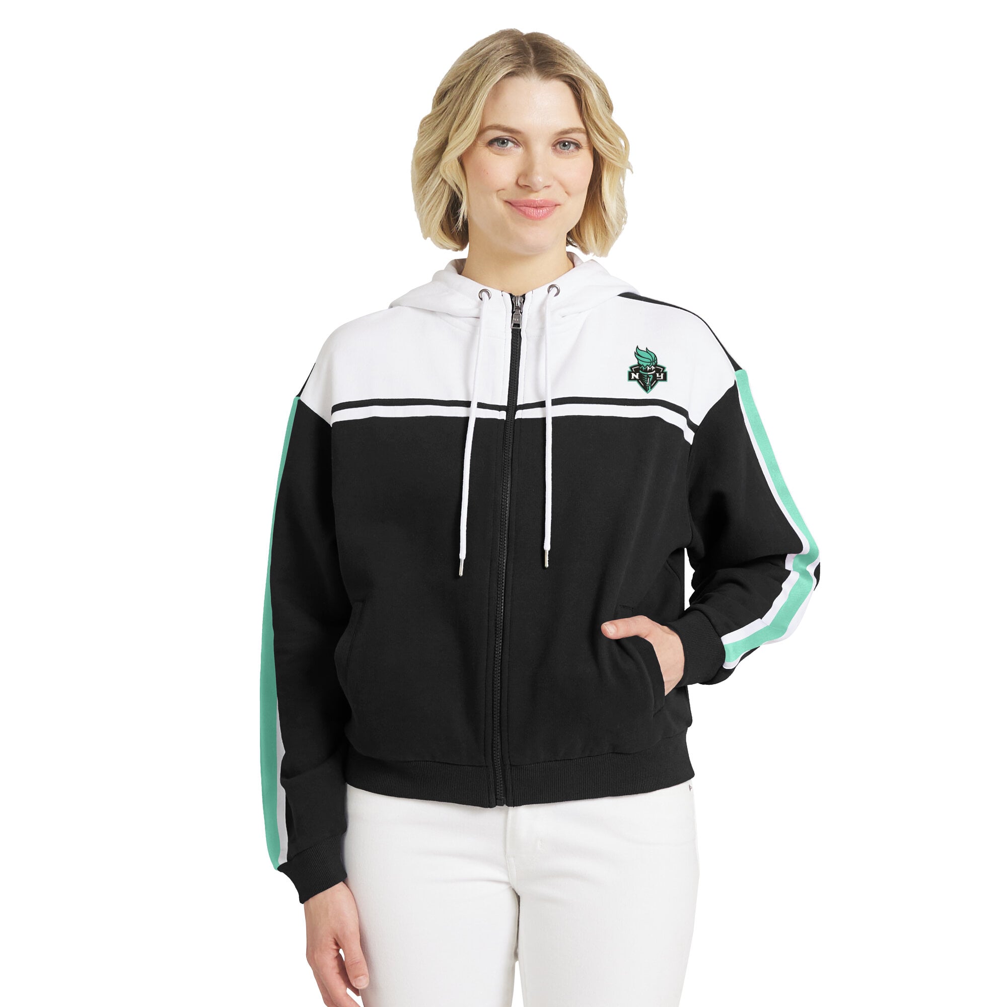 Sweat à capuche zippé noir et blanc New York Liberty de la marque WEAR by Erin Andrews pour femme