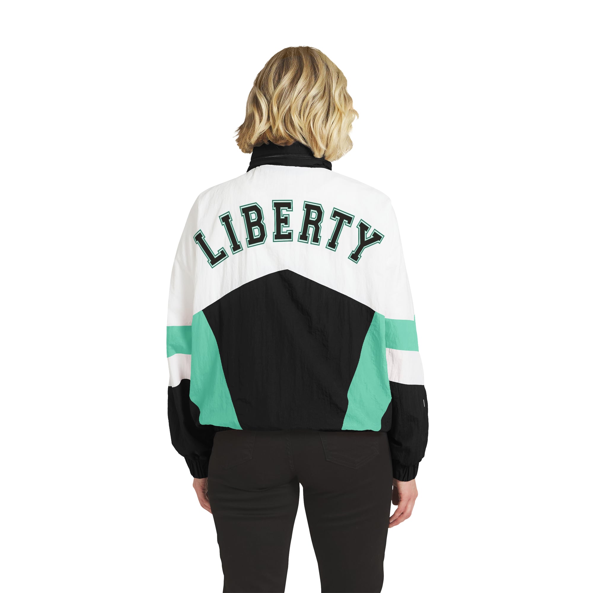 Veste coupe-vent zippée New York Liberty blanche et noire pour femme de la marque WEAR by Erin Andrews