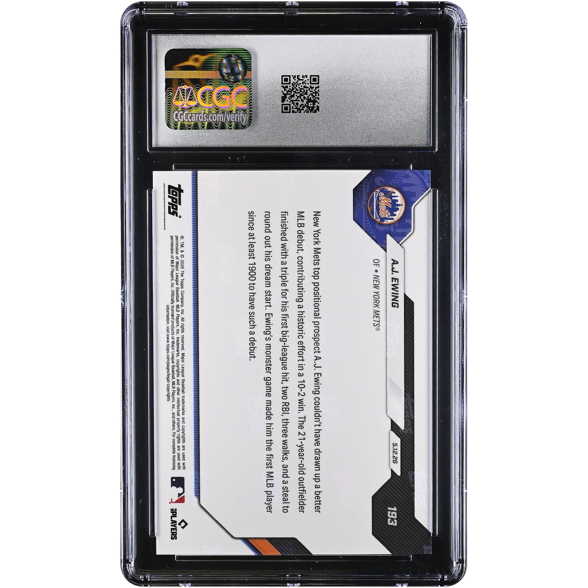 Carte A.J. Ewing des Mets de New York 2026 Topps Now : Début historique en MLB, jamais vu depuis au moins 1900. Feuille d'or n° 193/50, authentifiée par CGC (9 cartes).